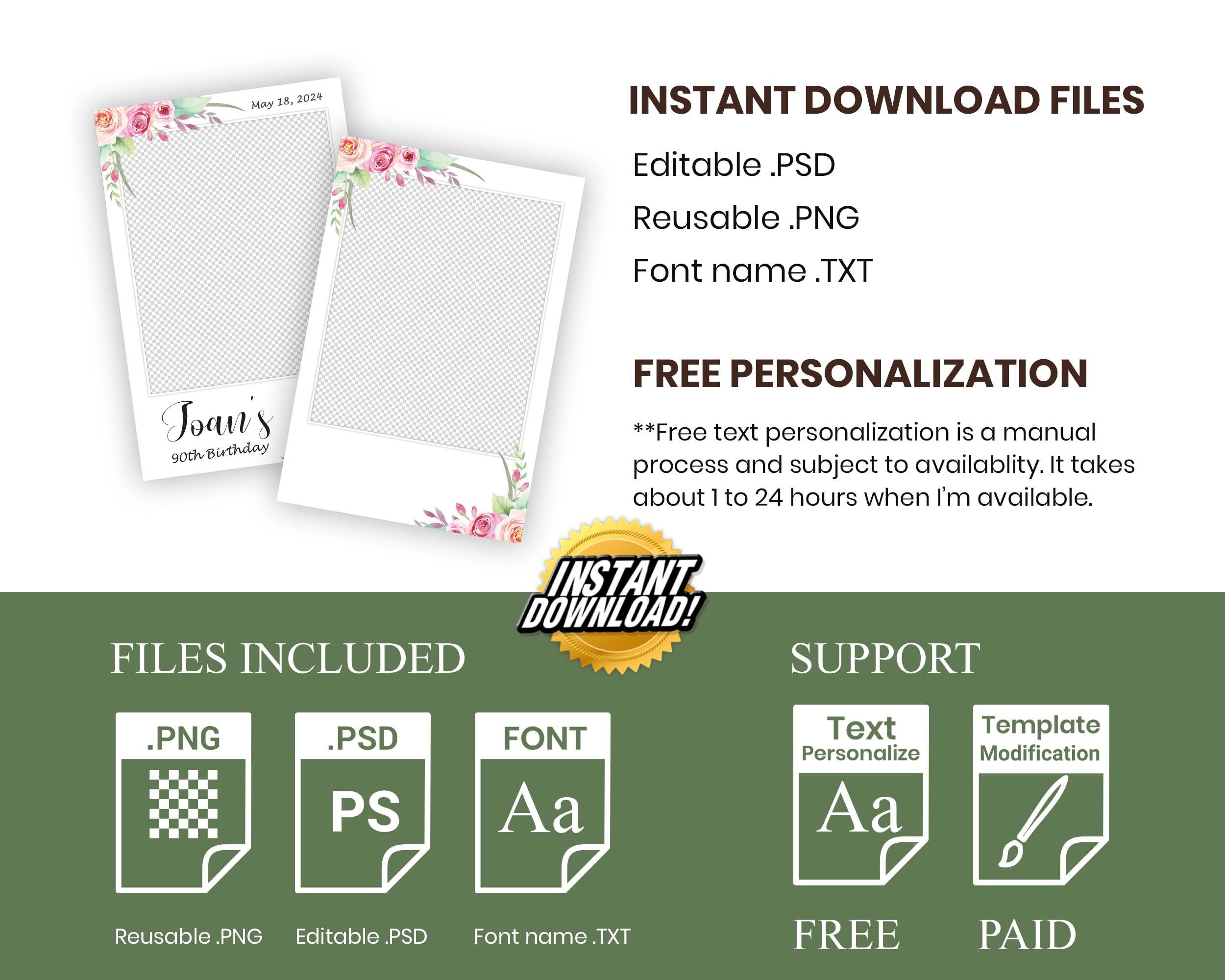 Birthday Wedding Anniversary Photo Booth Template Floral Photobooth Template Sweet 16 Bridal Shower 203