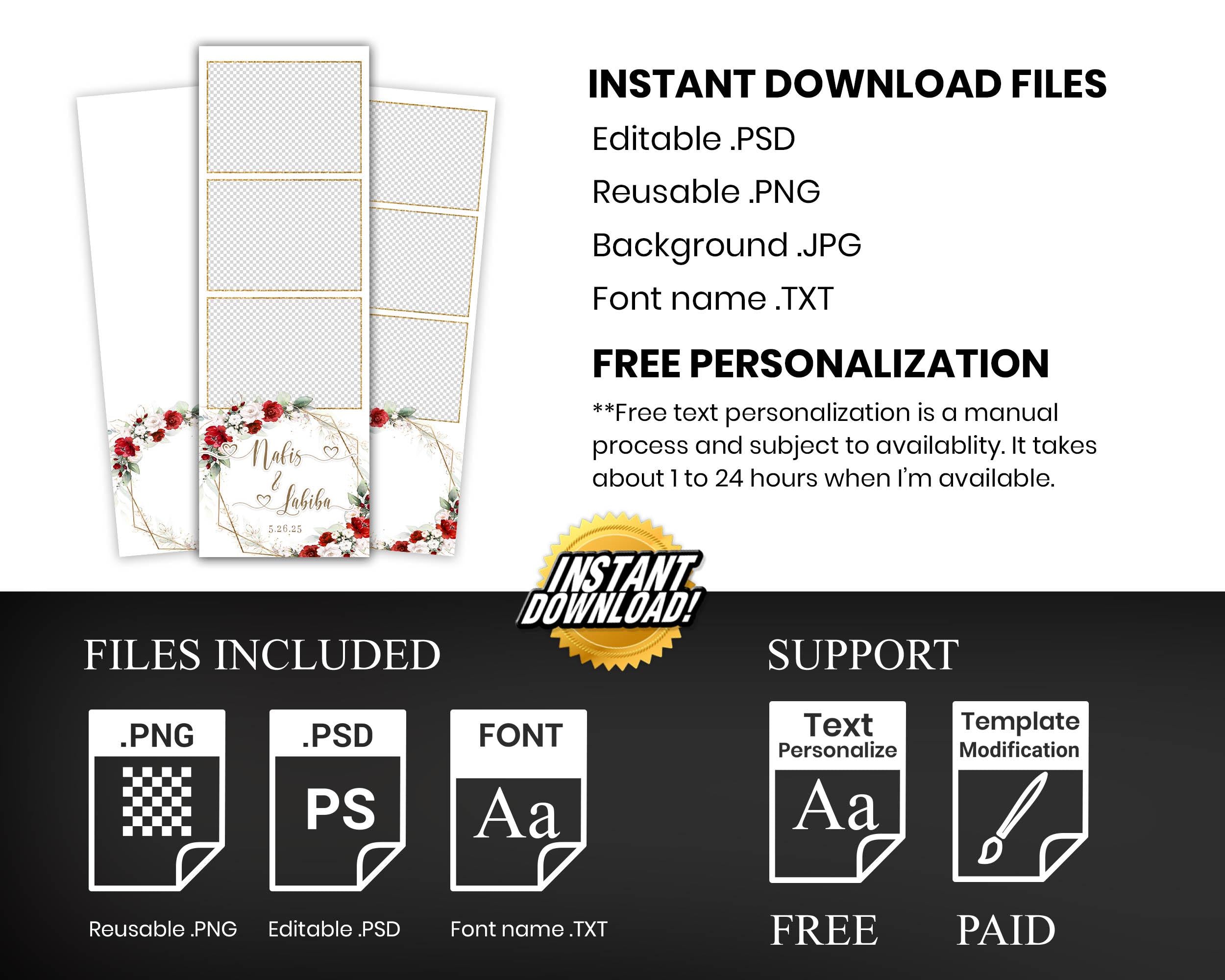 Wedding Photobooth Template 2x6 Red White Flower Floral Blush Rose Bridal Shower Anniversary Photo Booth Overlay