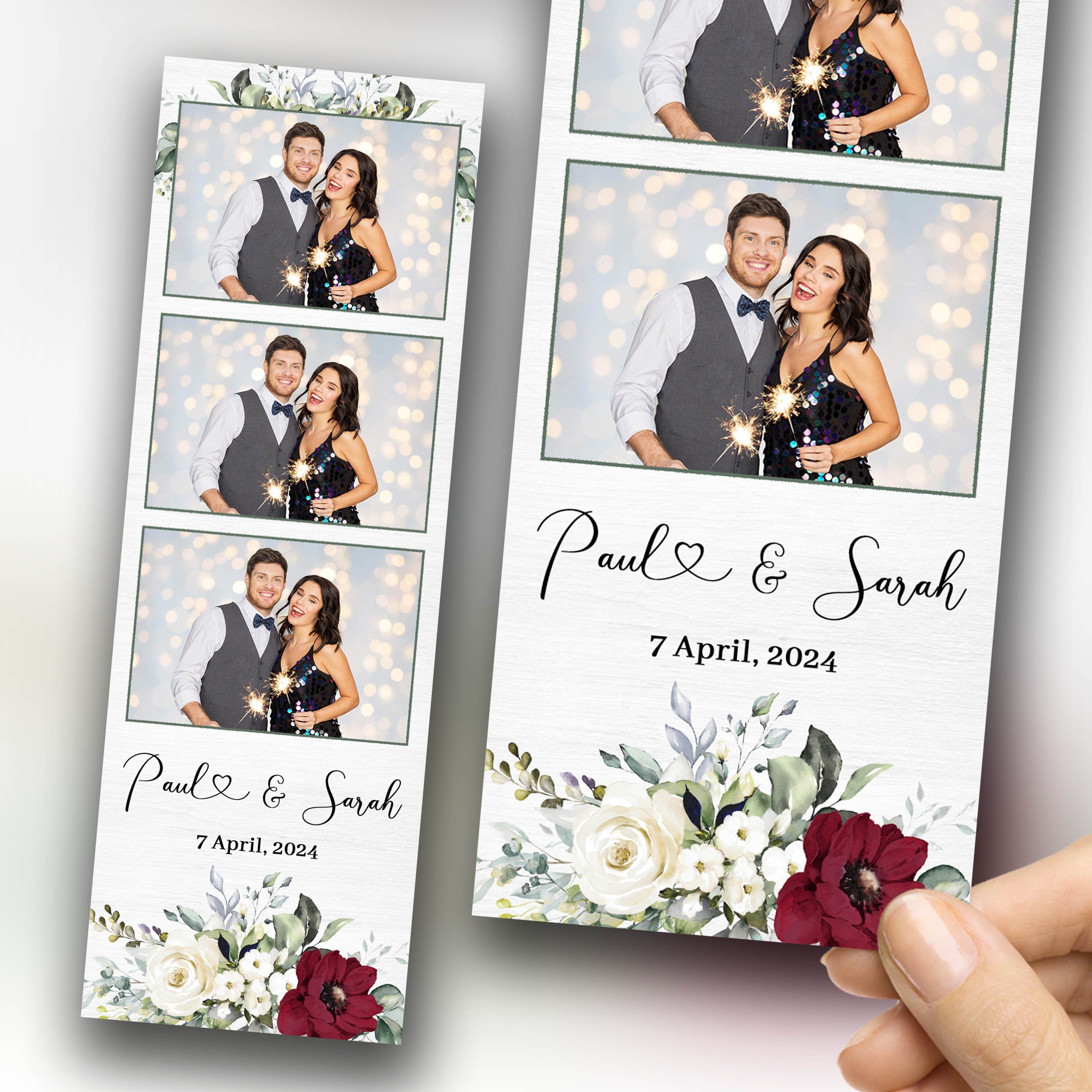 Wedding photobooth template, Anniversary photo booth, Bridal shower, 2x6 strip, Burgundy floral, Burgundy flowers, Rose, Greenery 1059
