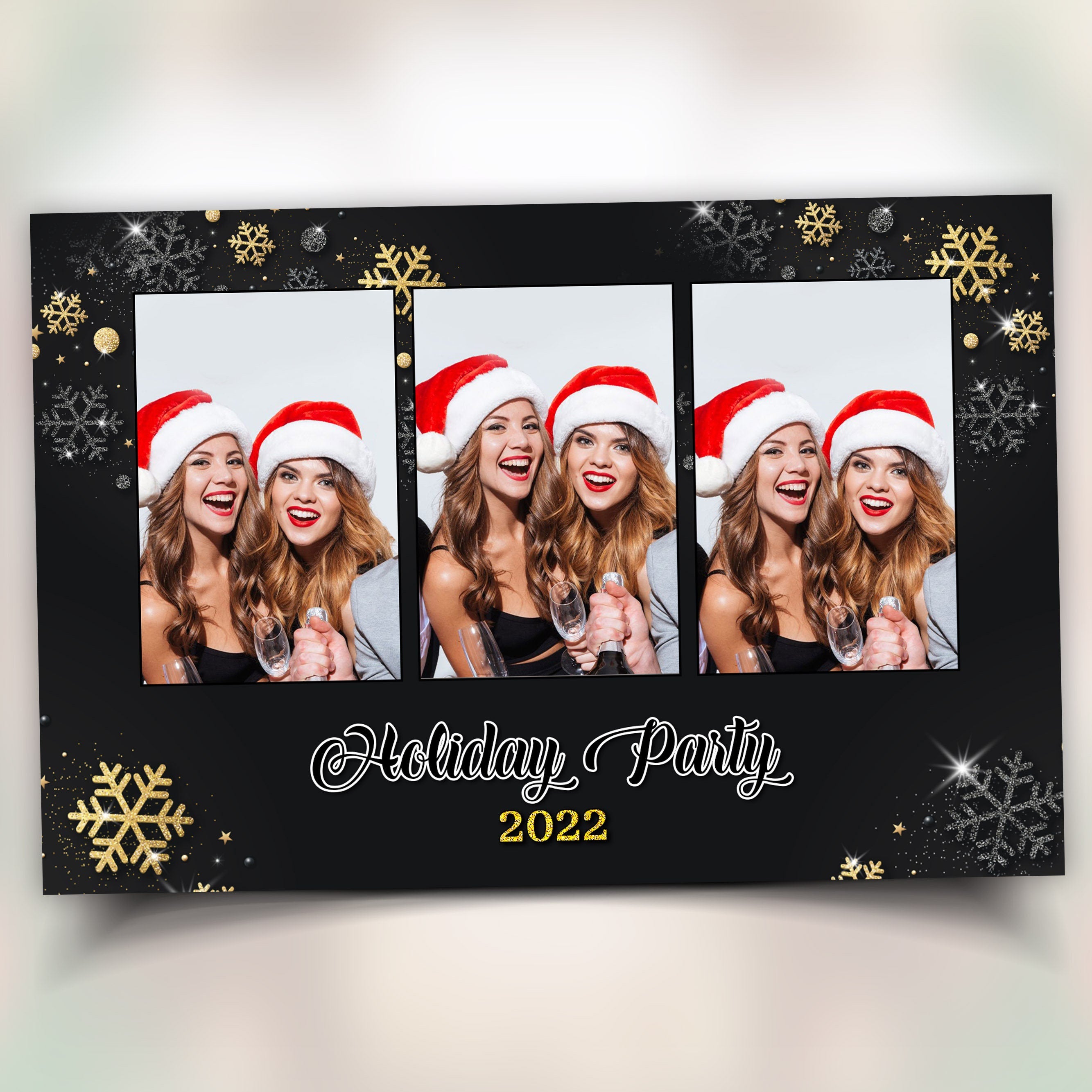 Gold Black Silver Christmas Photobooth Template 4x6 3 photo mirror booth Merry Christmas and New Year and Holiday photo booth Template