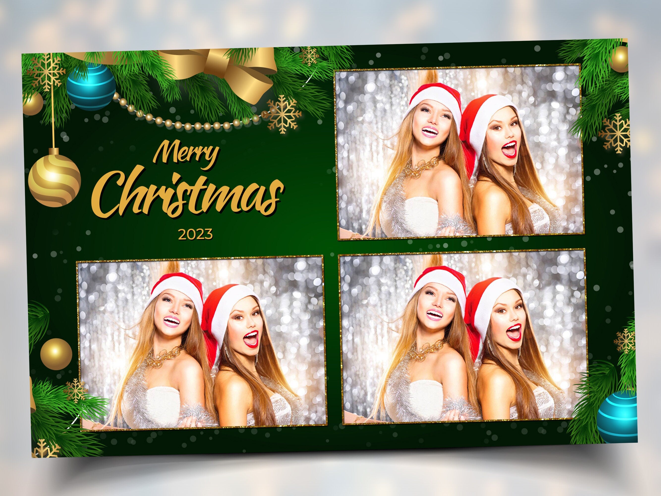 Christmas Photo Booth Template Holiday Party 2024 Green Gold xmas corporate holiday Party Photobooth 4x6 landscape 3 Photo layout CM5