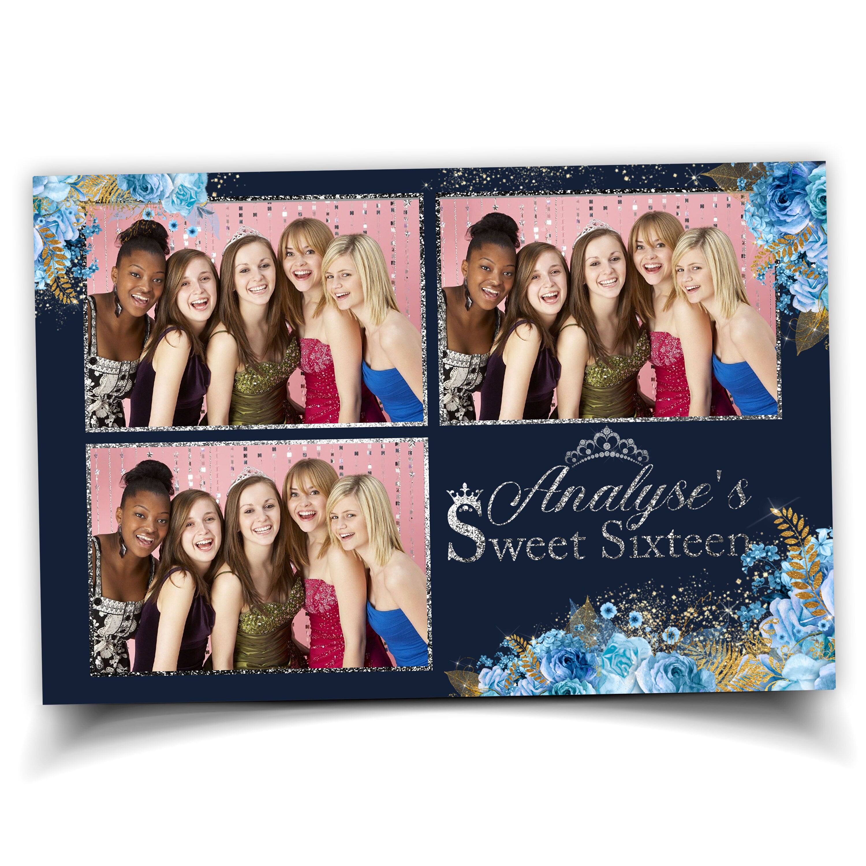 Sweet 16 Quinceanera photo booth template 4x6 silver and gold postcard royal blue and Photobooth