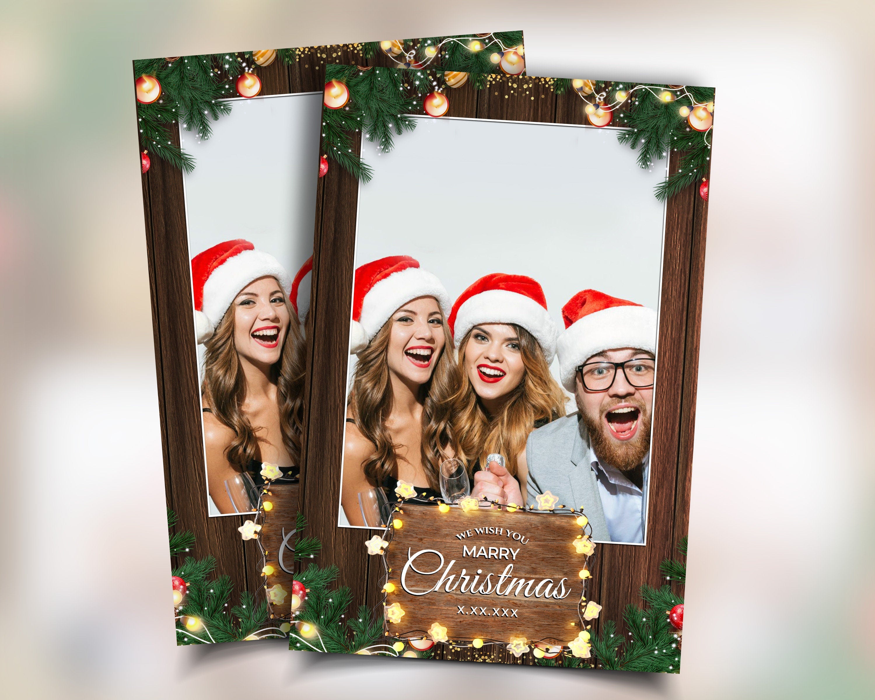Christmas Photobooth Template 2024 Happy Holidays and New Year Wooden and Greenery with Lights 4x6 Portrait Xmas Photo booth Template CM4