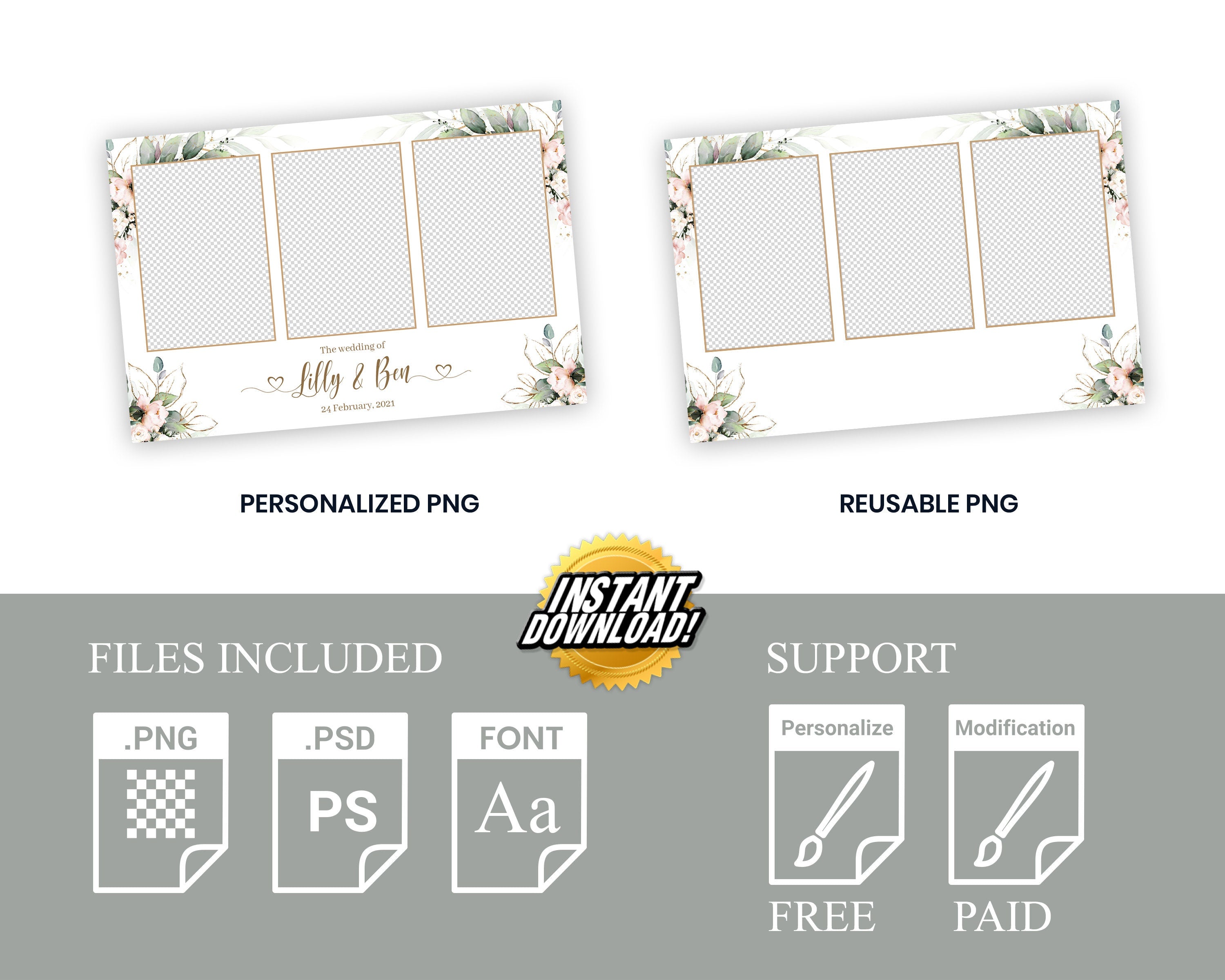 Wedding Photobooth template, Anniversary Photo Booth Template, Greenery with Flowers 4x6 Mirrorbooth, 360 Overlay Frame, 683