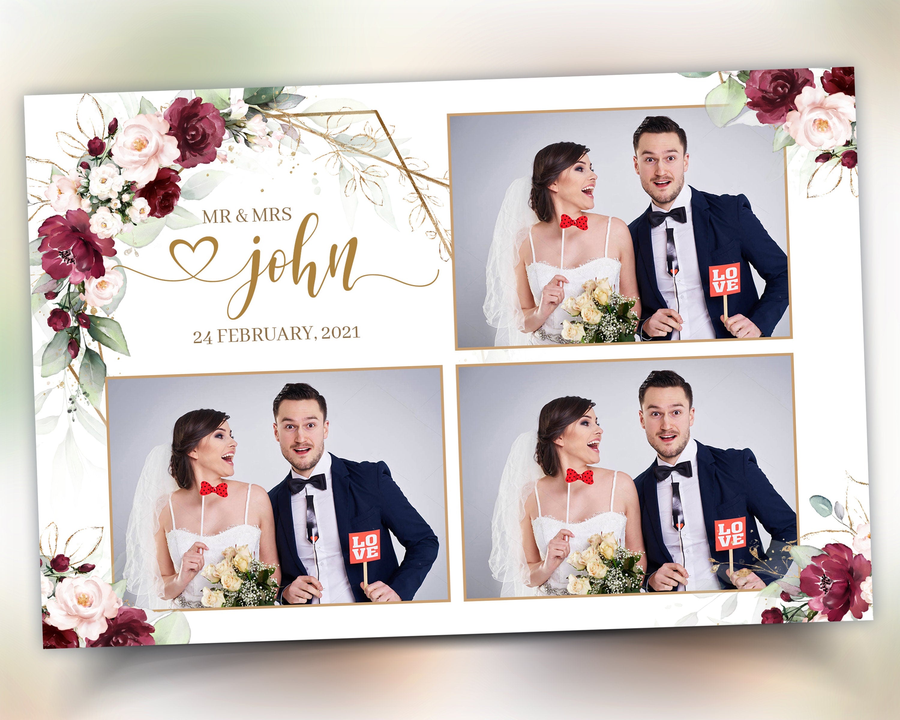 Wedding Photobooth Template, Anniversary Photo Booth, Bridal Shower, Maroon Flower Greenery Burgundy Flowers Overlay Frame 703