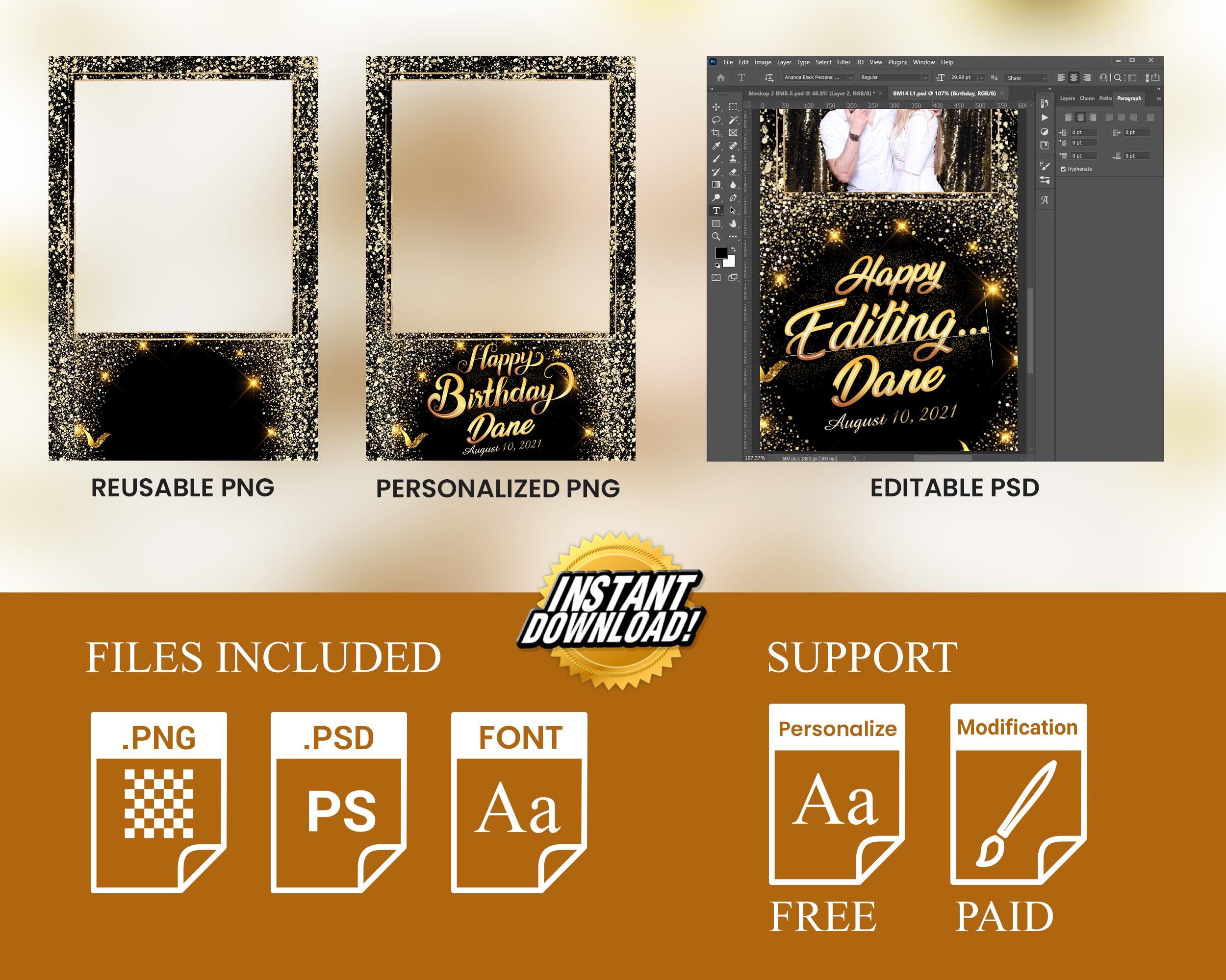 Gold Birthday Photobooth Template, Golden Glitter, Sparkles, Photo Booth Template, Bday, Mirror Booth, 360 Overlay, BM14