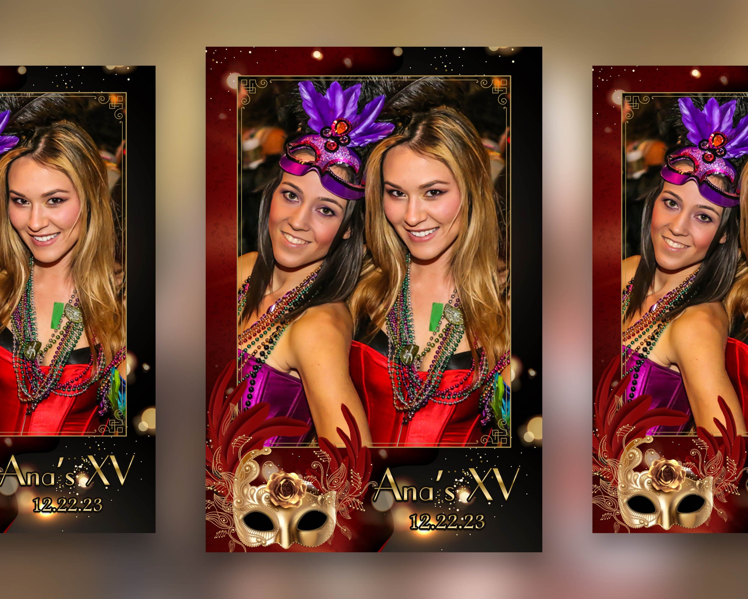 Mardi Gras Photobooth Template, Birthday XV Sweet 16 Quinceañera Photo Booth Template Golden Mask Photobooth Quinceanera, Festive, Carnival