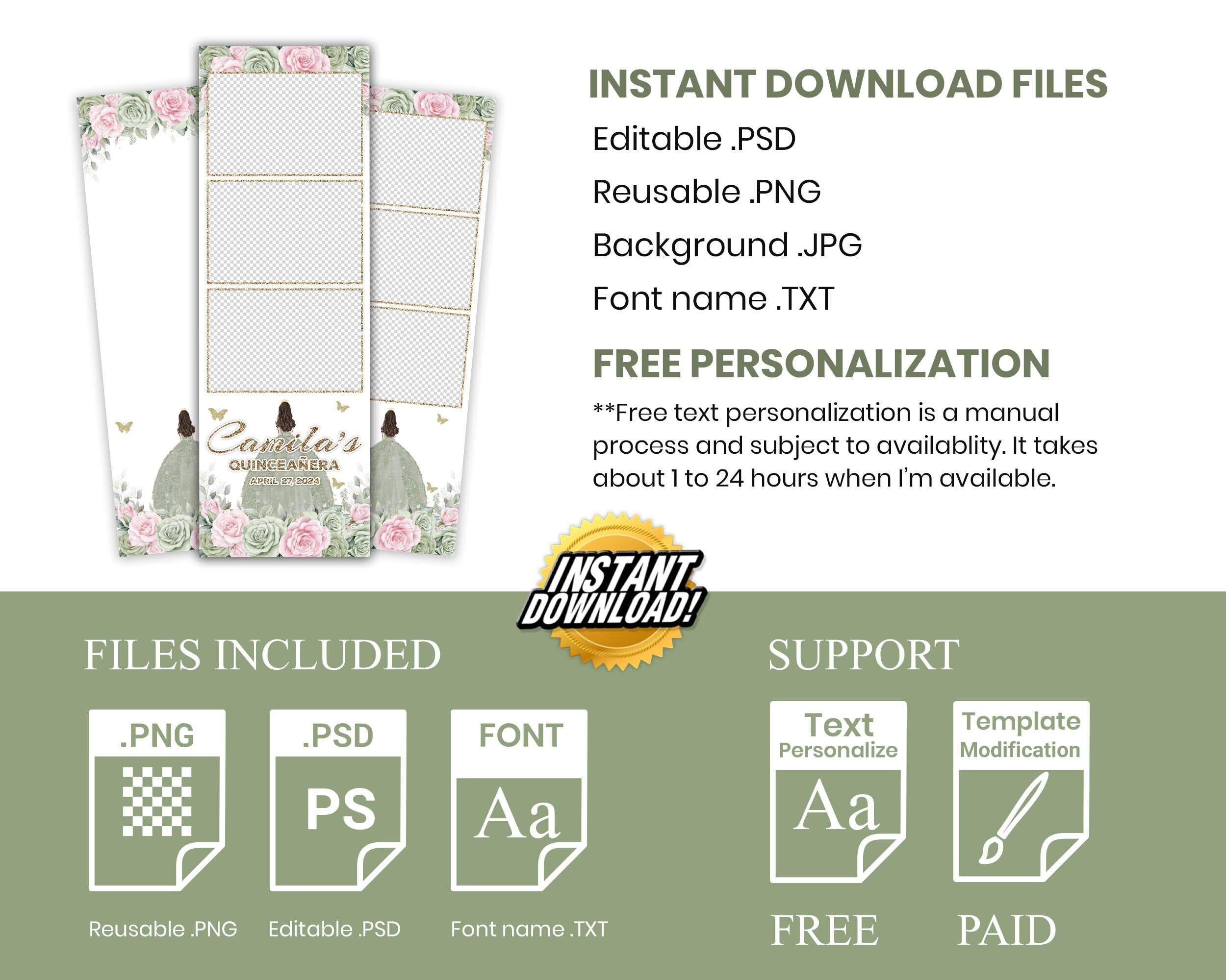 Birthday, Sweet 16, Quinceañera, Photobooth Template, Green, Pink, Golden, Sweet Sixteen, Quinceanera, Mis Quince, XV, Photo Booth 1091