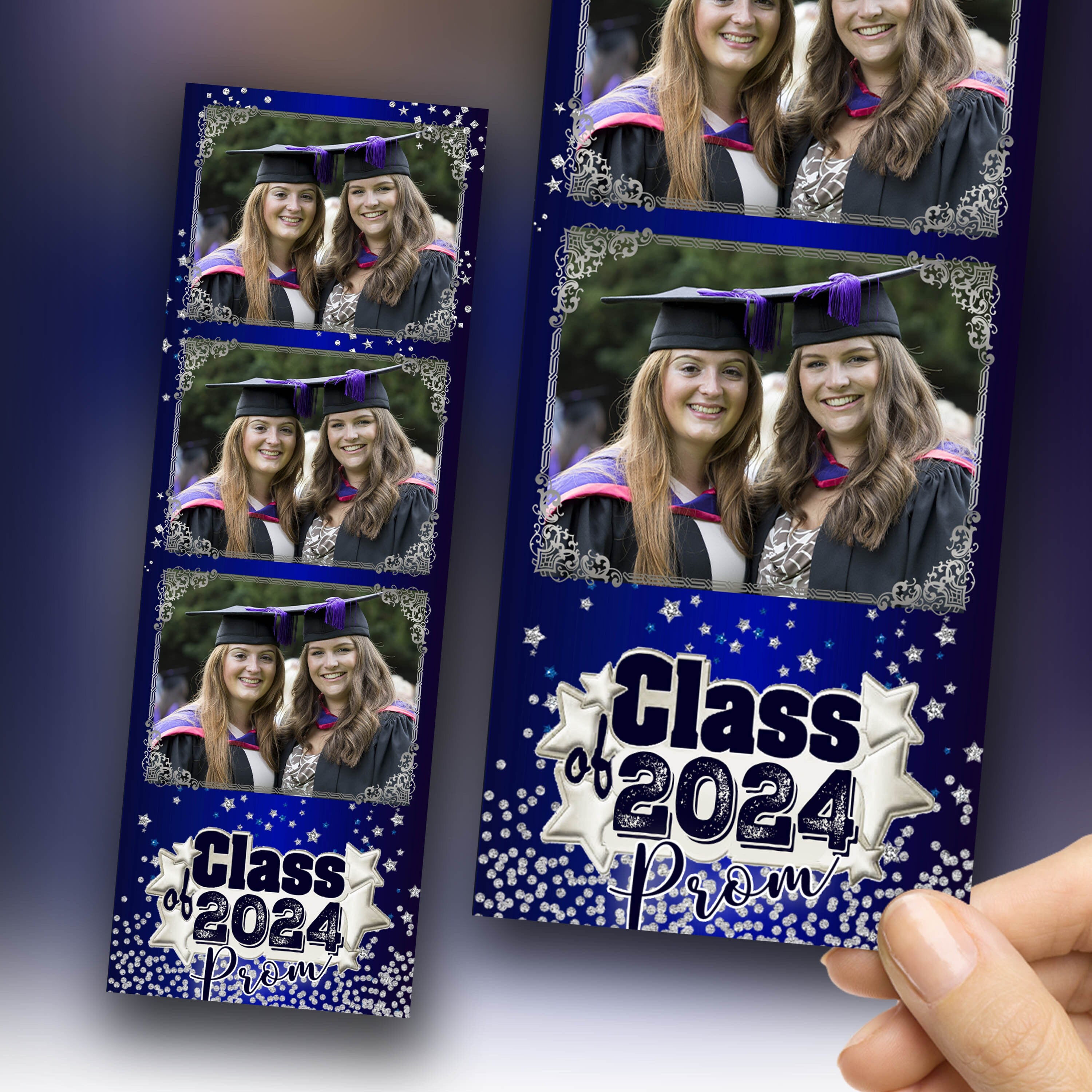 Blue & Silver Graduation Photobooth Template , Class of 2024 Prom Party Editable Grad Photo Booth Template, Prom 2024 photo booth PSD 2x6