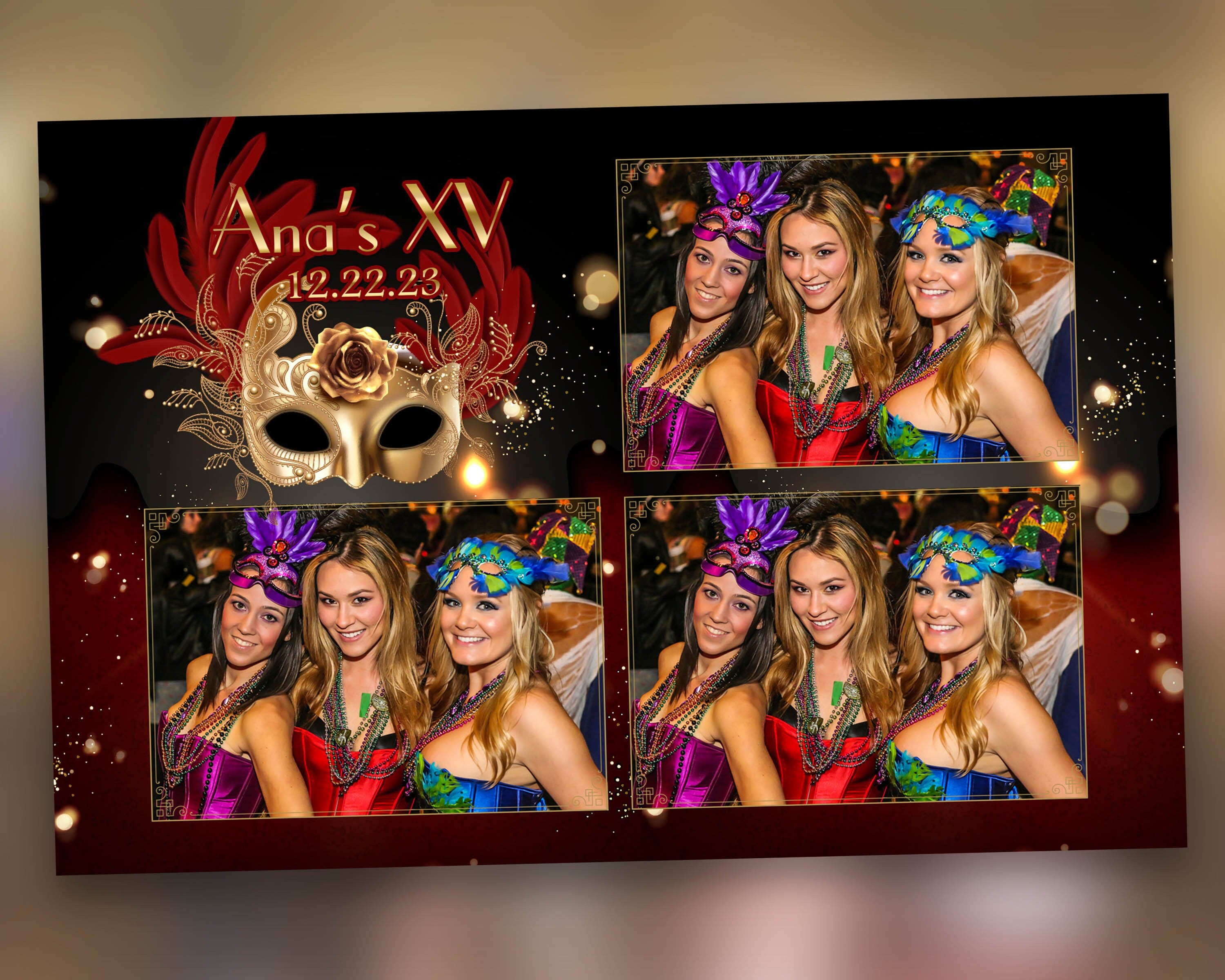 Birthday XV Quinceañera Sweet 16 Photo Booth Golden Mask Quinceanera Photobooth Template Mardi Gras party Masquerade Ball Carnival
