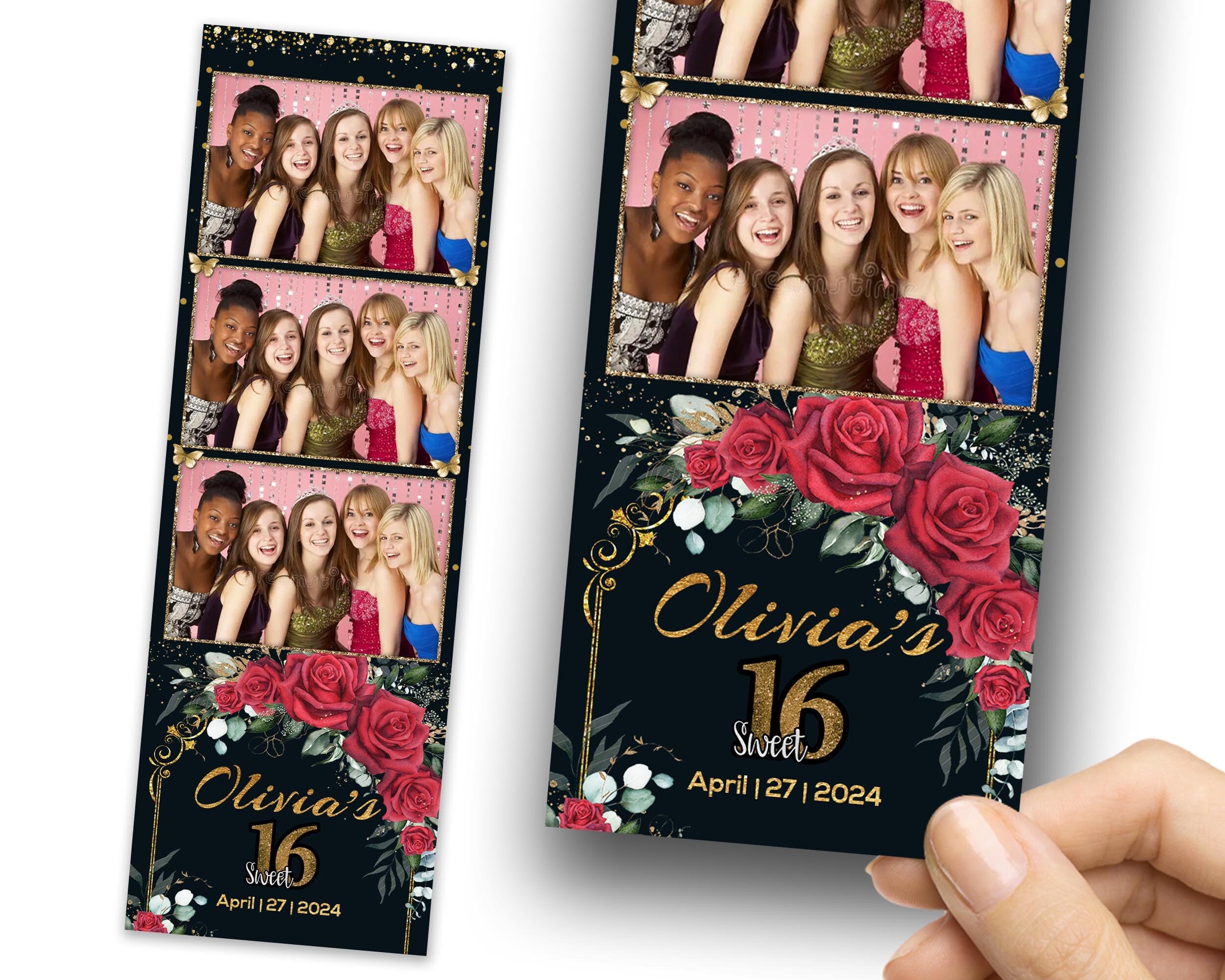 Sweet 16 Photobooth Template, Quinceanera Photo Booth, Birthday Photobooth, Quinceañera, 2x6 Strip, Red Flower, Red Floral, Butterfly 1105