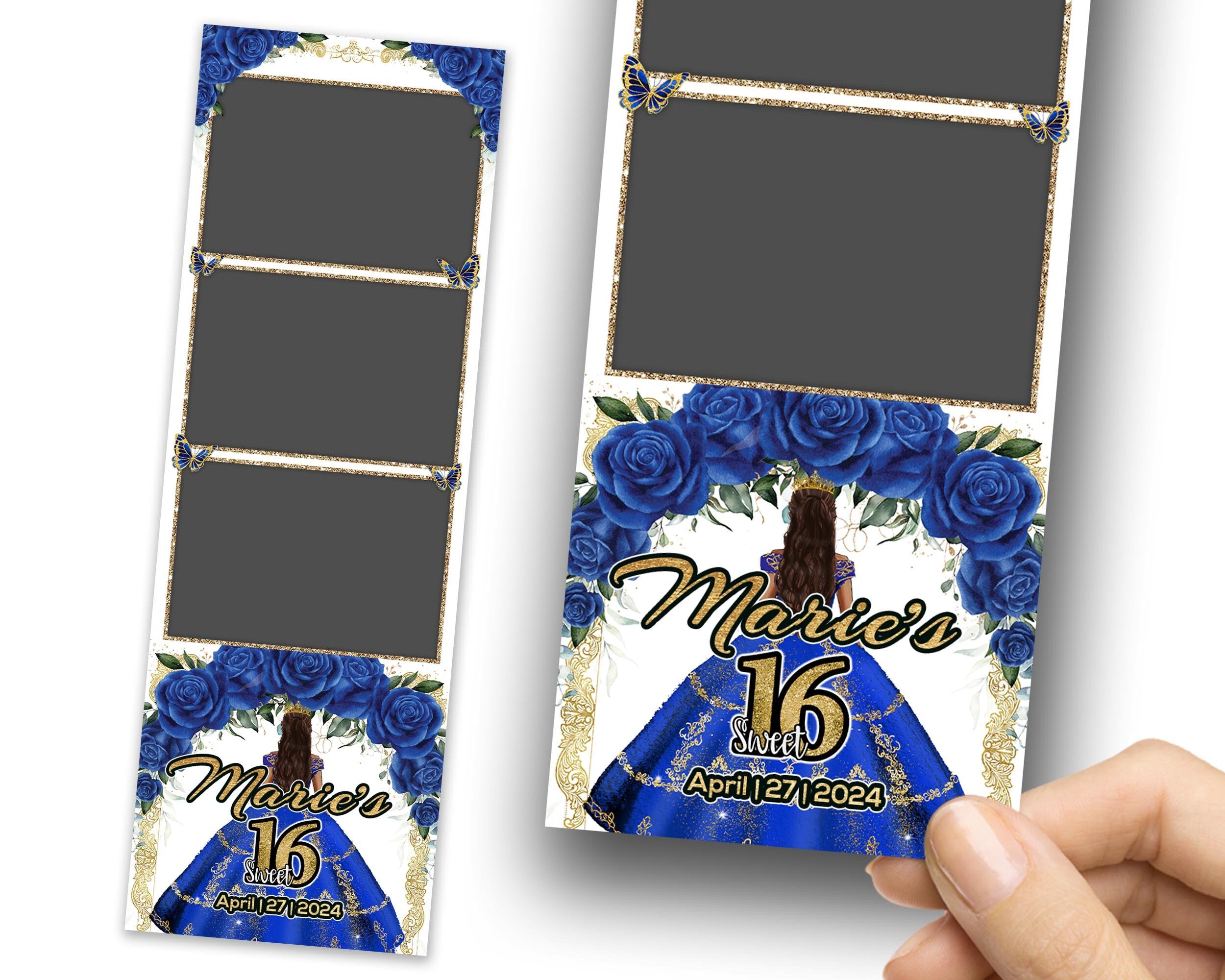 Sweet 16 Photobooth Template, Quinceanera Photo Booth, Birthday Photobooth, Quinceañera, 2x6 Strip, Blue Flower, Blue Floral, Butterfly 1108