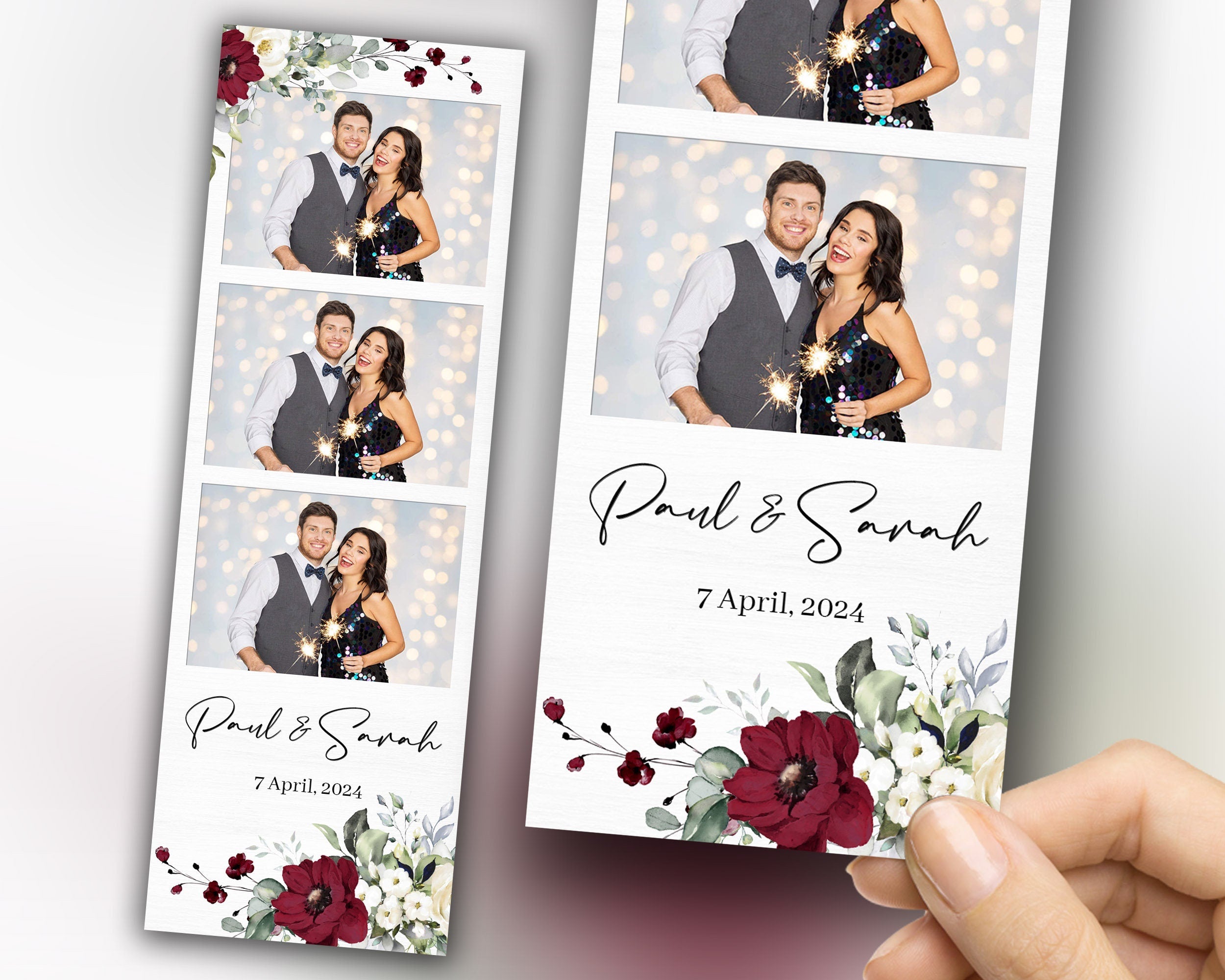 Wedding photobooth template, Anniversary photo booth, Bridal shower, 2x6 strip, Burgundy floral, Burgundy flowers, Rose, Greenery 1059