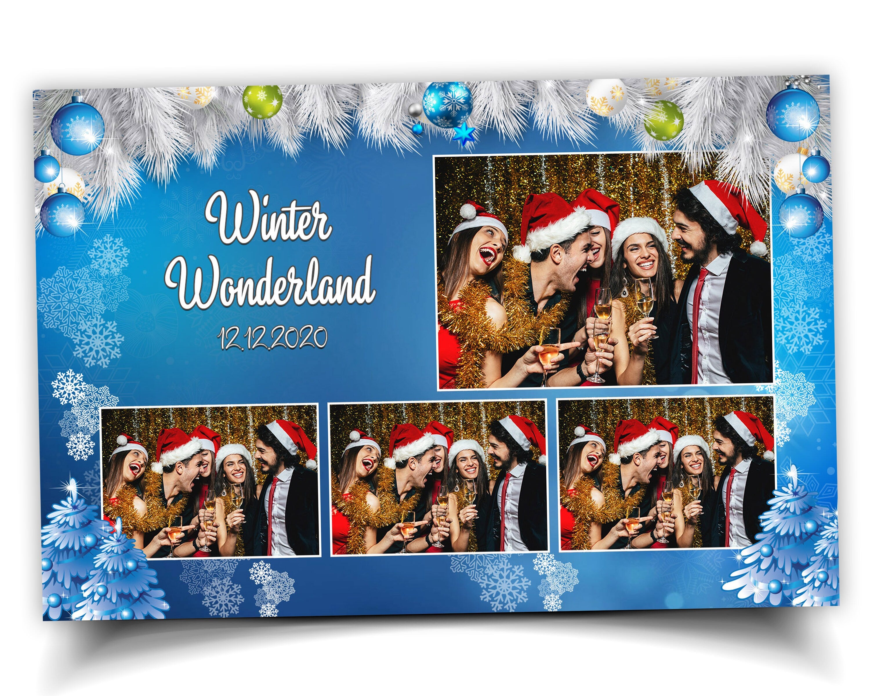 Winter Wonderland & Merry Christmas Holiday Party Photobooth Template 4x6 Postcard layout, New Year 2023 white pine tree snow flakes