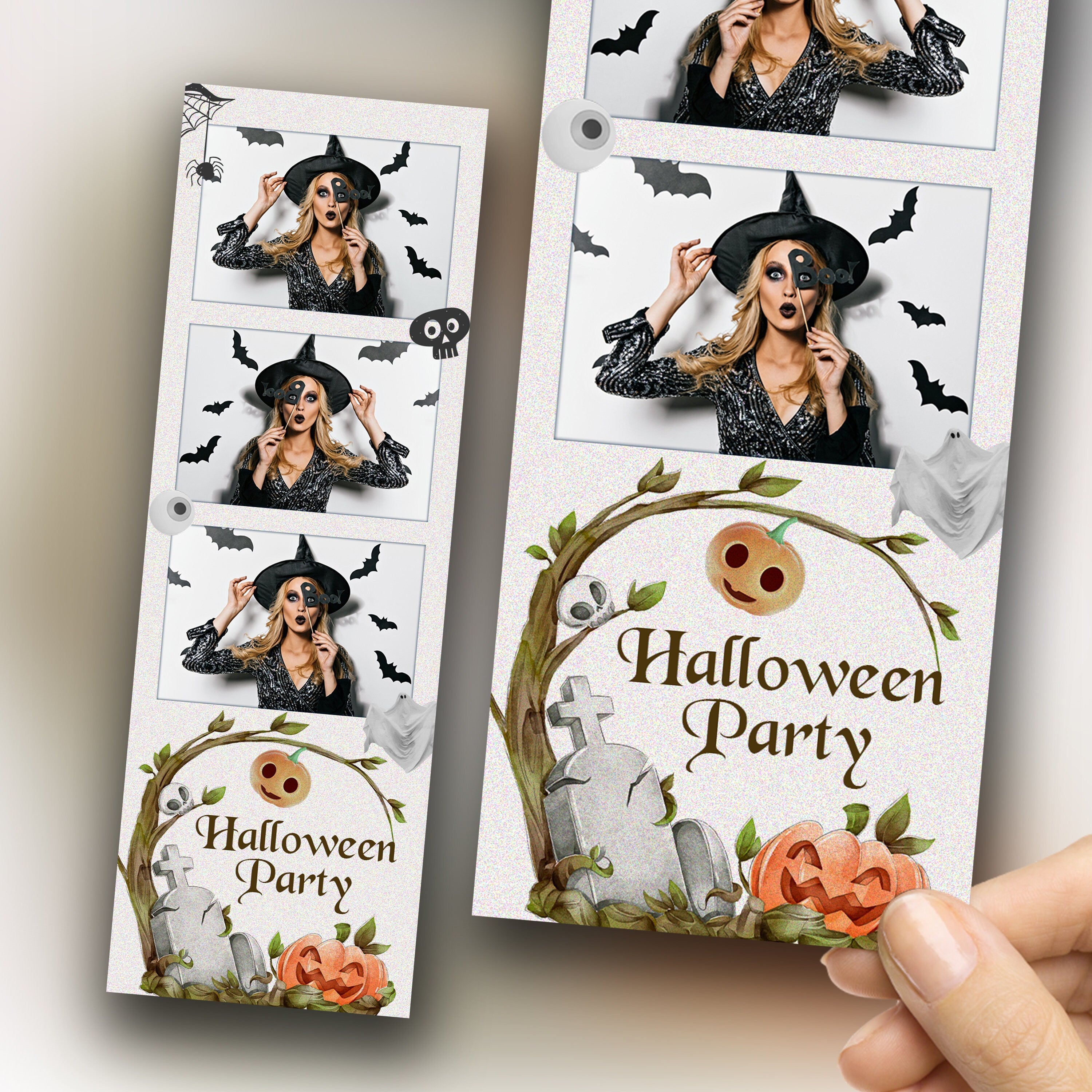 Halloween Party 2024 Photobooth Template 2x6 Trick or Treat Photo booth Pumpkin Template Strip 3 shots PSD PNG editable
