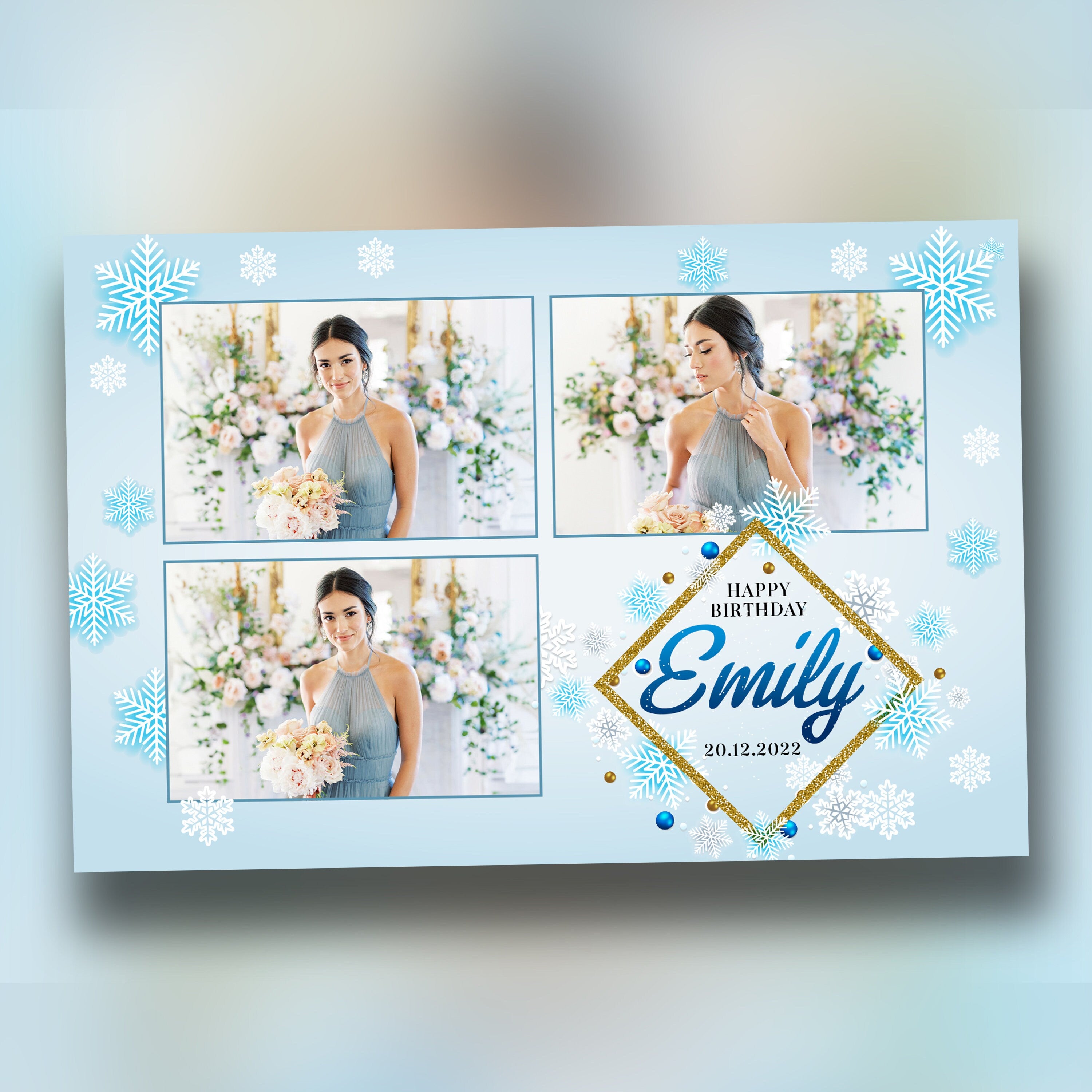 Winter Photobooth Template for Birthday Quinceañera Sweet 16 4x6 landscape Christmas blue Snowflakes gold glitter Xmas Photo booth Template