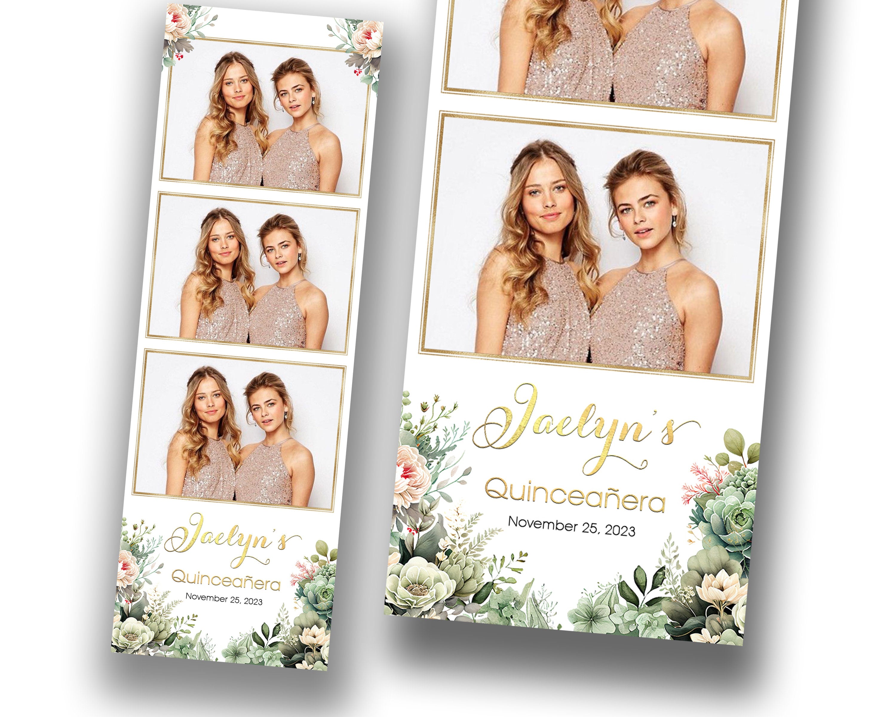 Quinceañera Photobooth template 2x6 strip Sweet 16 Birthday Green ivory Flowers photo booth Mirror Salsa Darkroom