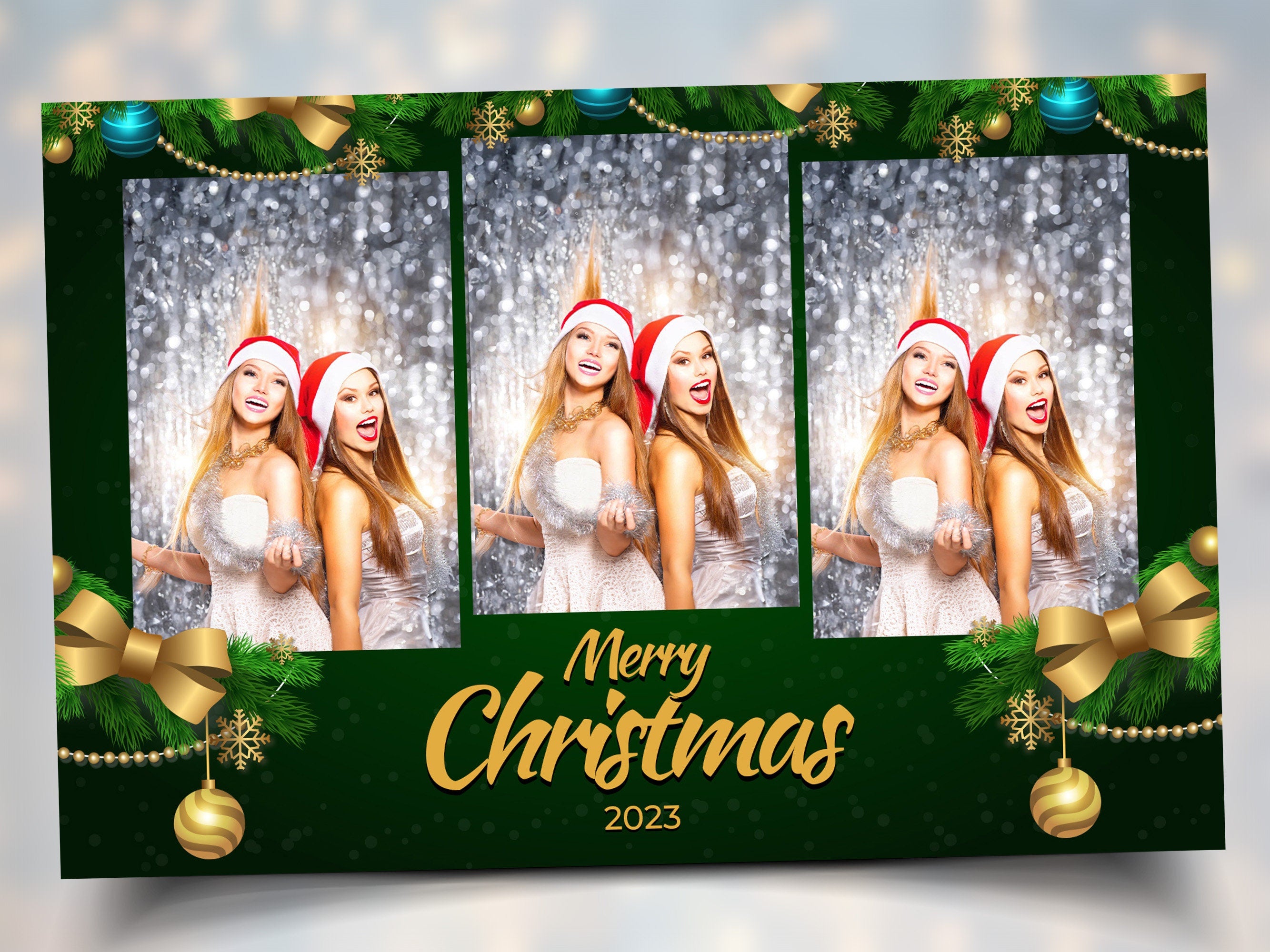 Christmas Holiday Party 2023 Photo Booth Template Green Gold xmas Party Photobooth 4x6 landscape 3 Portrait Photo mirror booth template CM5