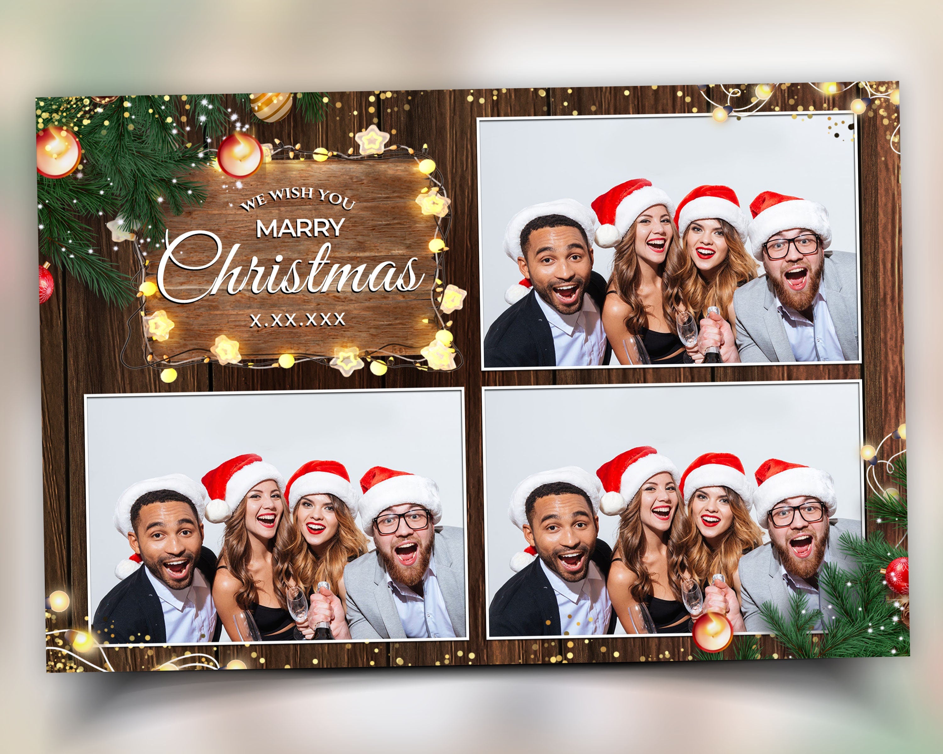 Christmas Photobooth Template 2024 Happy Holidays and New Year 2024, Wooden and Greenery with Lights 4x6 Xmas Photo booth Template CM4