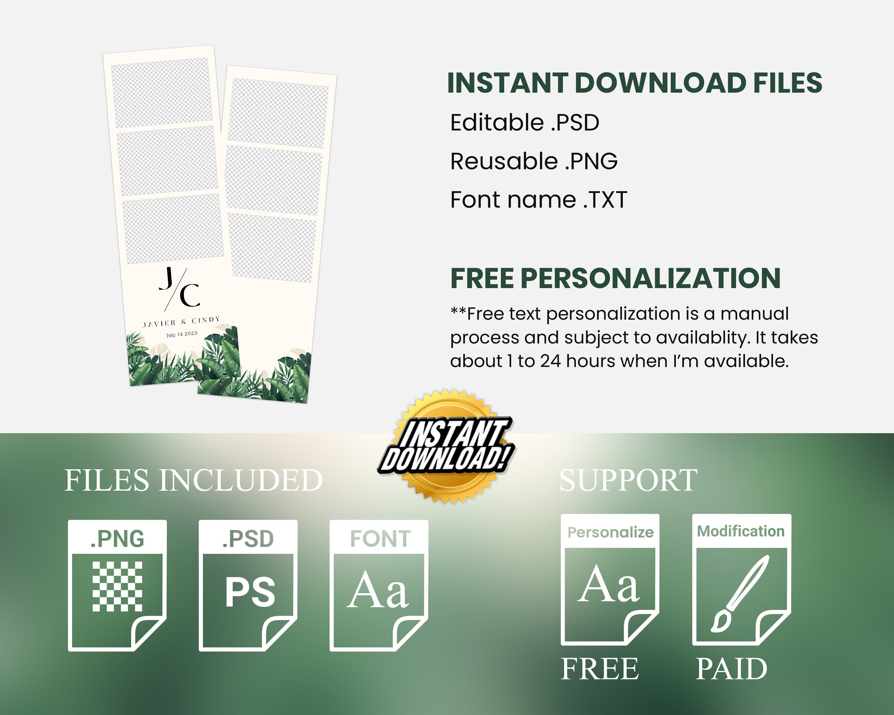 Monstera Leaves Wedding Photobooth template 2x6 Strip greenery bridal shower photo booth template Mirror Booth Salsa Touchpix