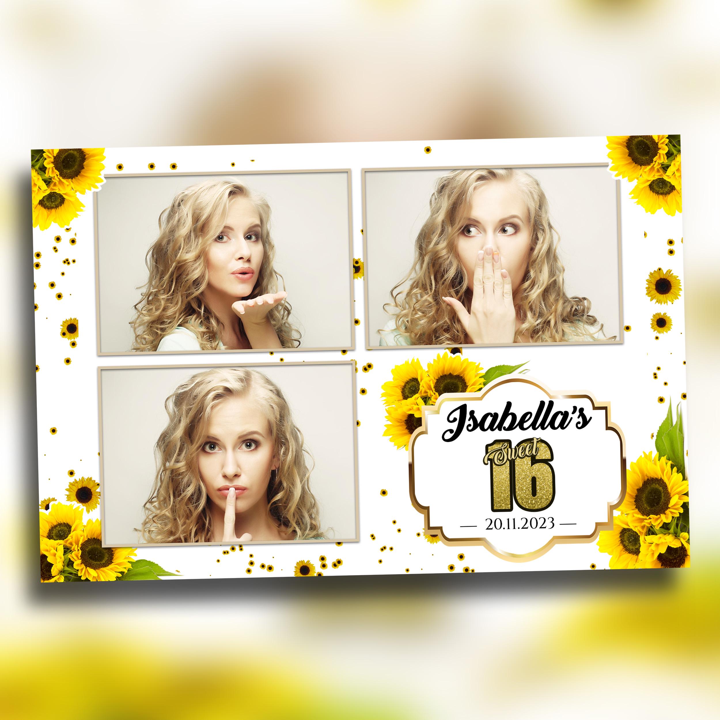 Sunflower Birthday Photobooth Template 4x6 3 shot Sweet 16 Quinceañera mirror booth template with gold glitter mis quince - layout 8 BM8