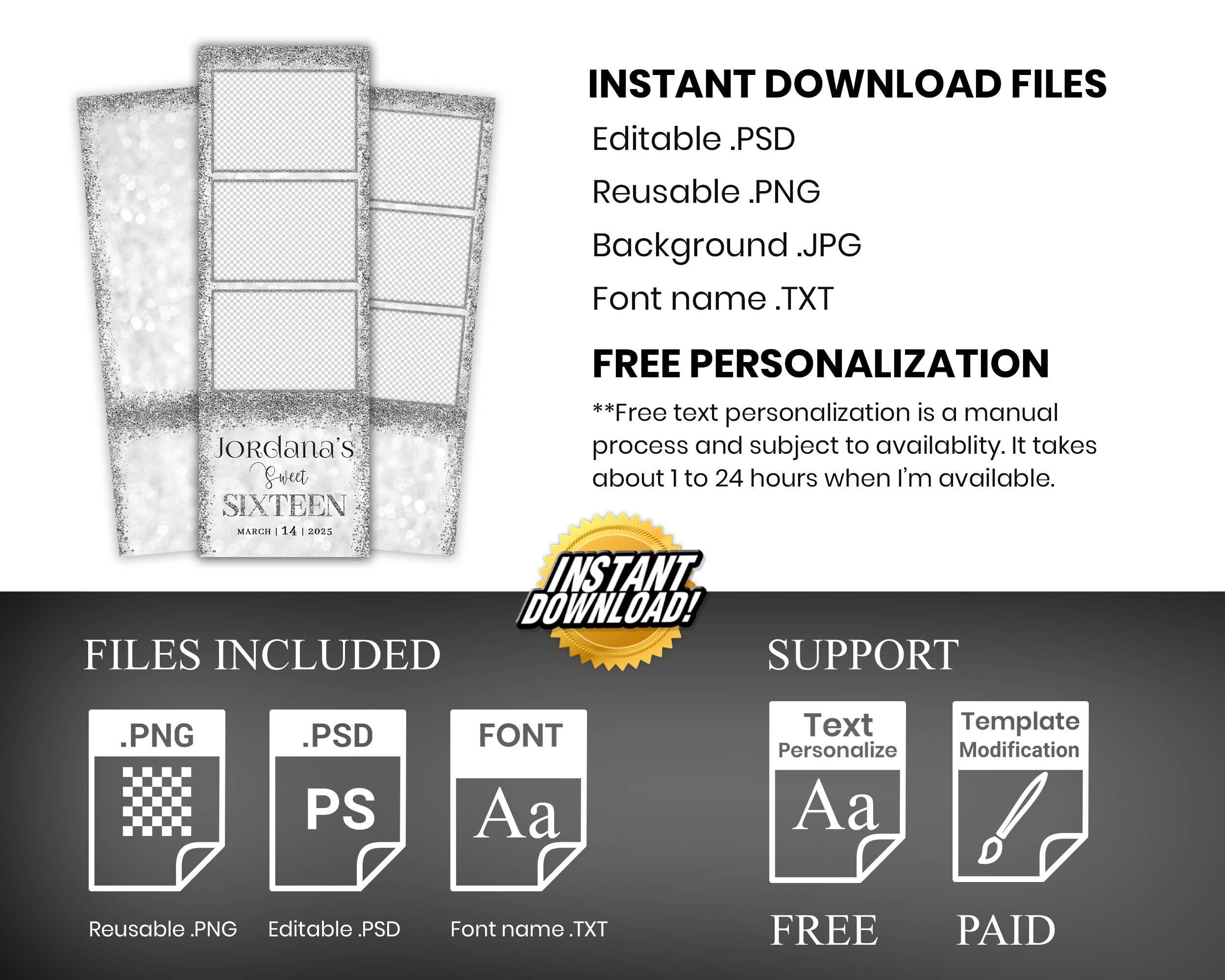 Silver Photo Booth Birthday Sweet 16 Photobooth Template Mis Quince, Quinceanera, XV Overlay 2x6 Strip Sparkle Glitter 1099