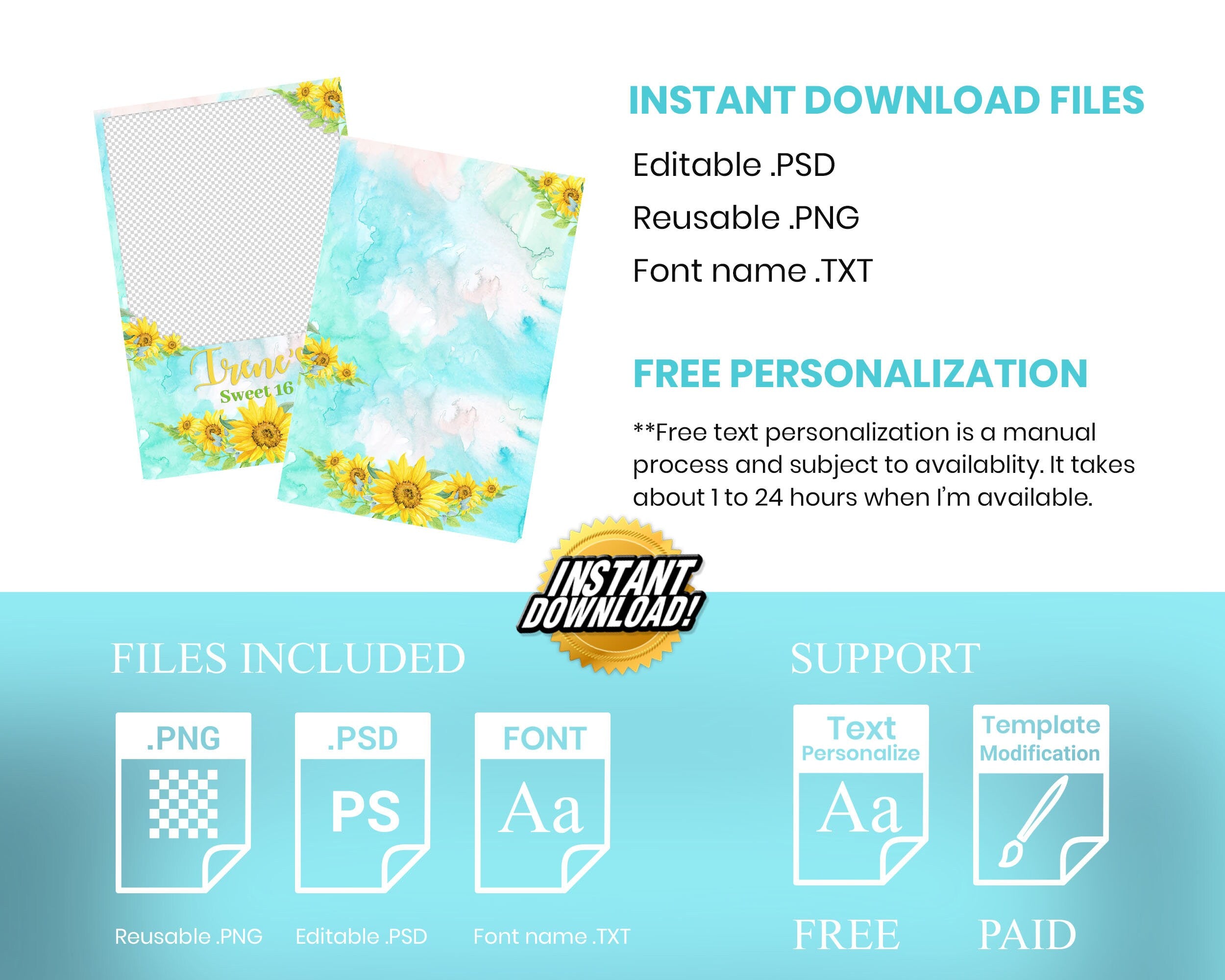 Sunflower Photo Booth Template, Sweet 16 Photobooth Template, Quinceanera, Mis Quince, Quince Photobooth, Birthday 633