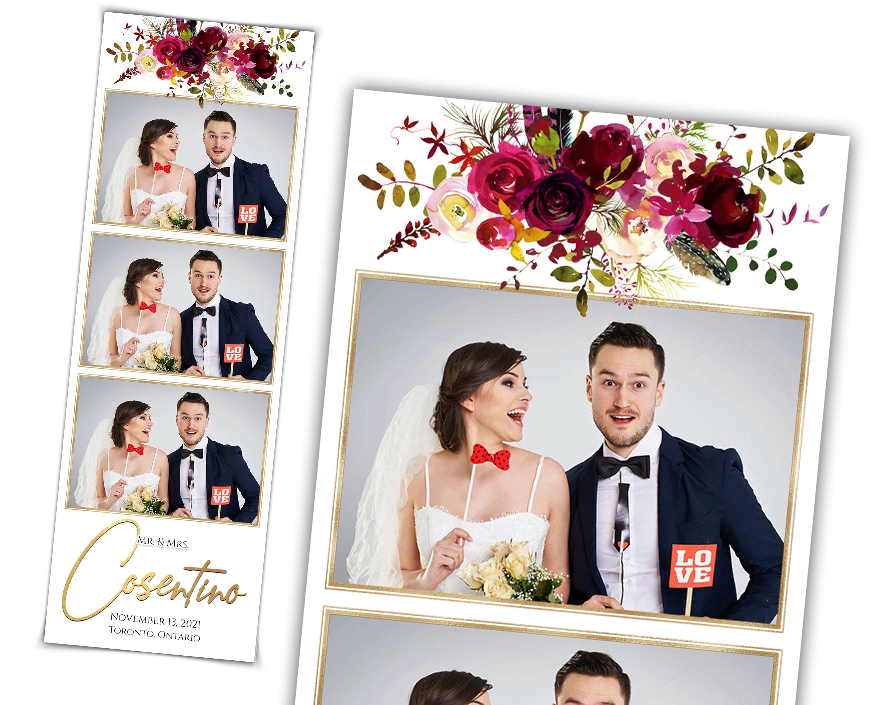 Wedding Photobooth Template, Burgundy Gold Photo Booth Template 2x6 Stripe 3 photo