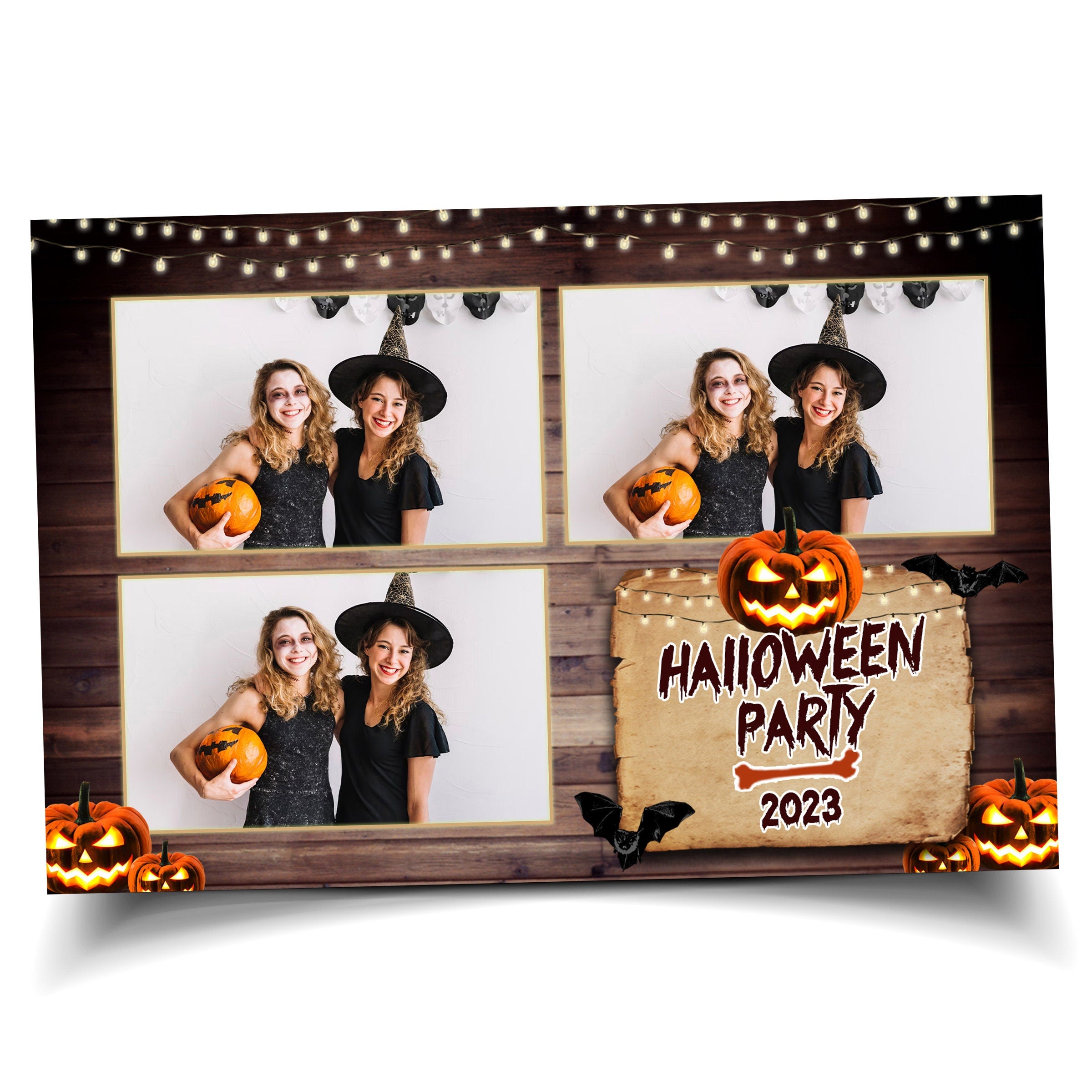 Halloween Photobooth Template 4x6 Trick or Treat Party 2024 wood & pumpkin theme night light bulb Photo booth Template postcard layout 3 pic