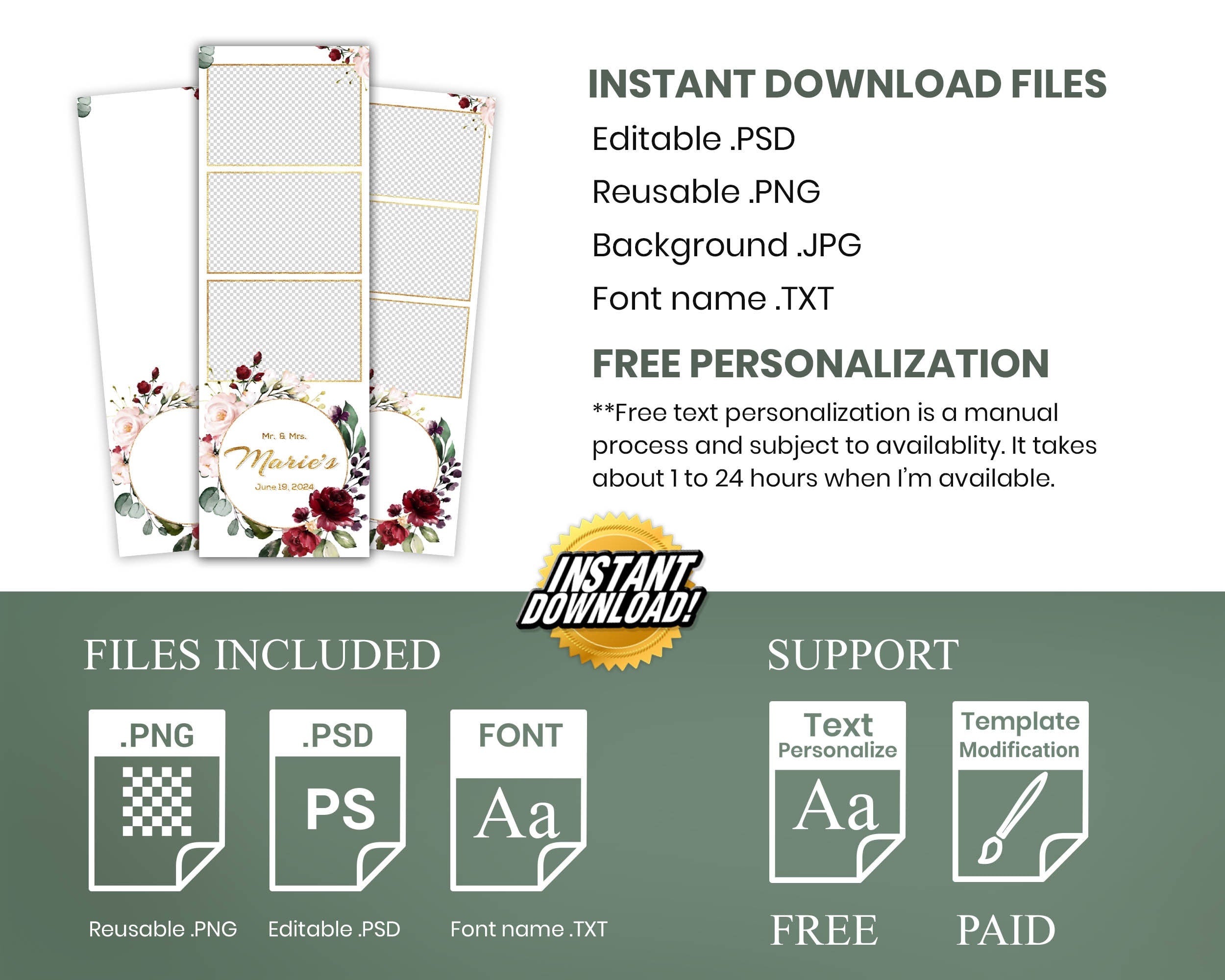 Wedding Photobooth Template, Anniversary Photo booth Template, Burgundy Floral, Bridal Shower, 2x6 Stripe, Burgundy Flowers 629