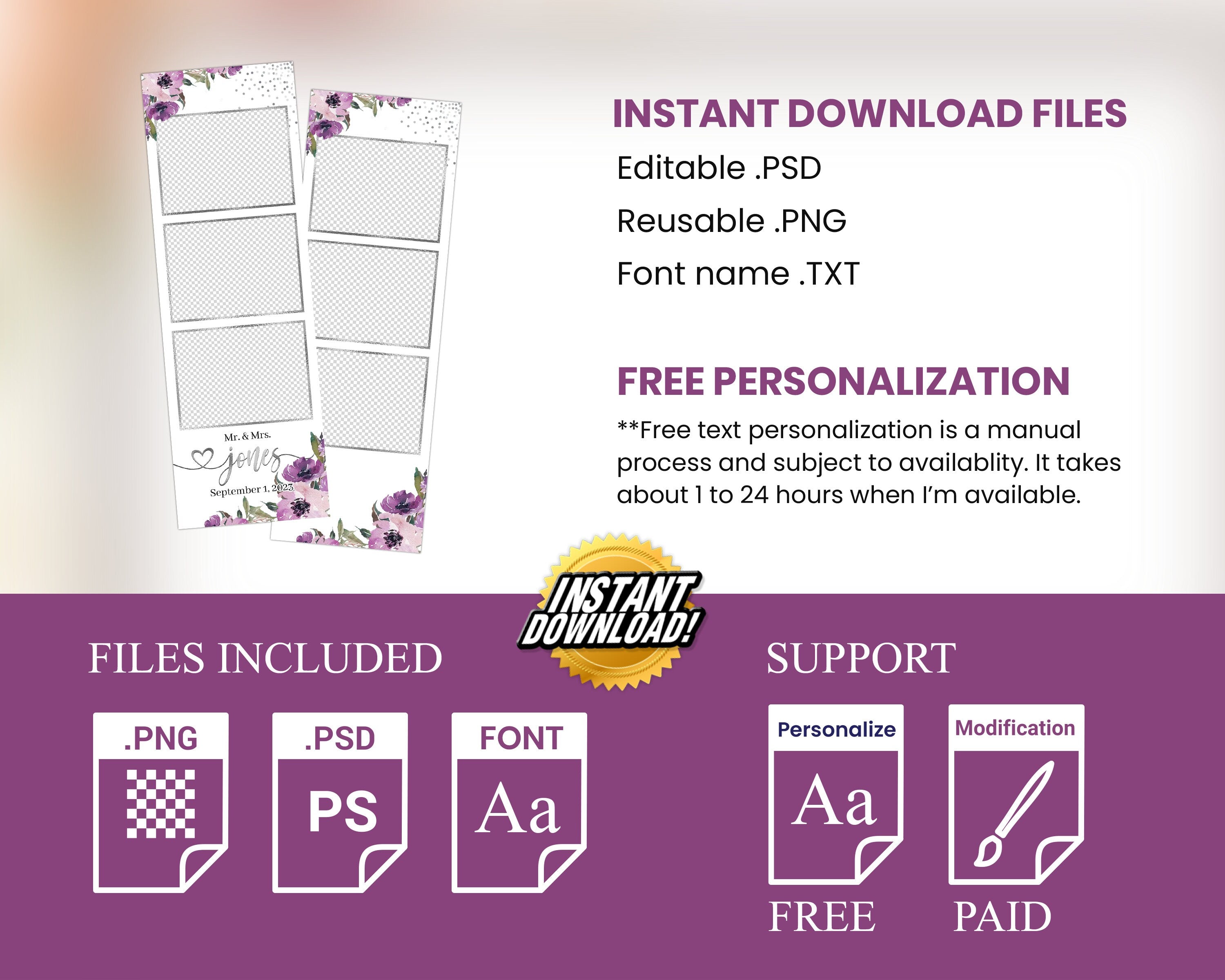 Wedding Anniversary Photobooth template with Floral blush flowers purple and greenery photo booth template