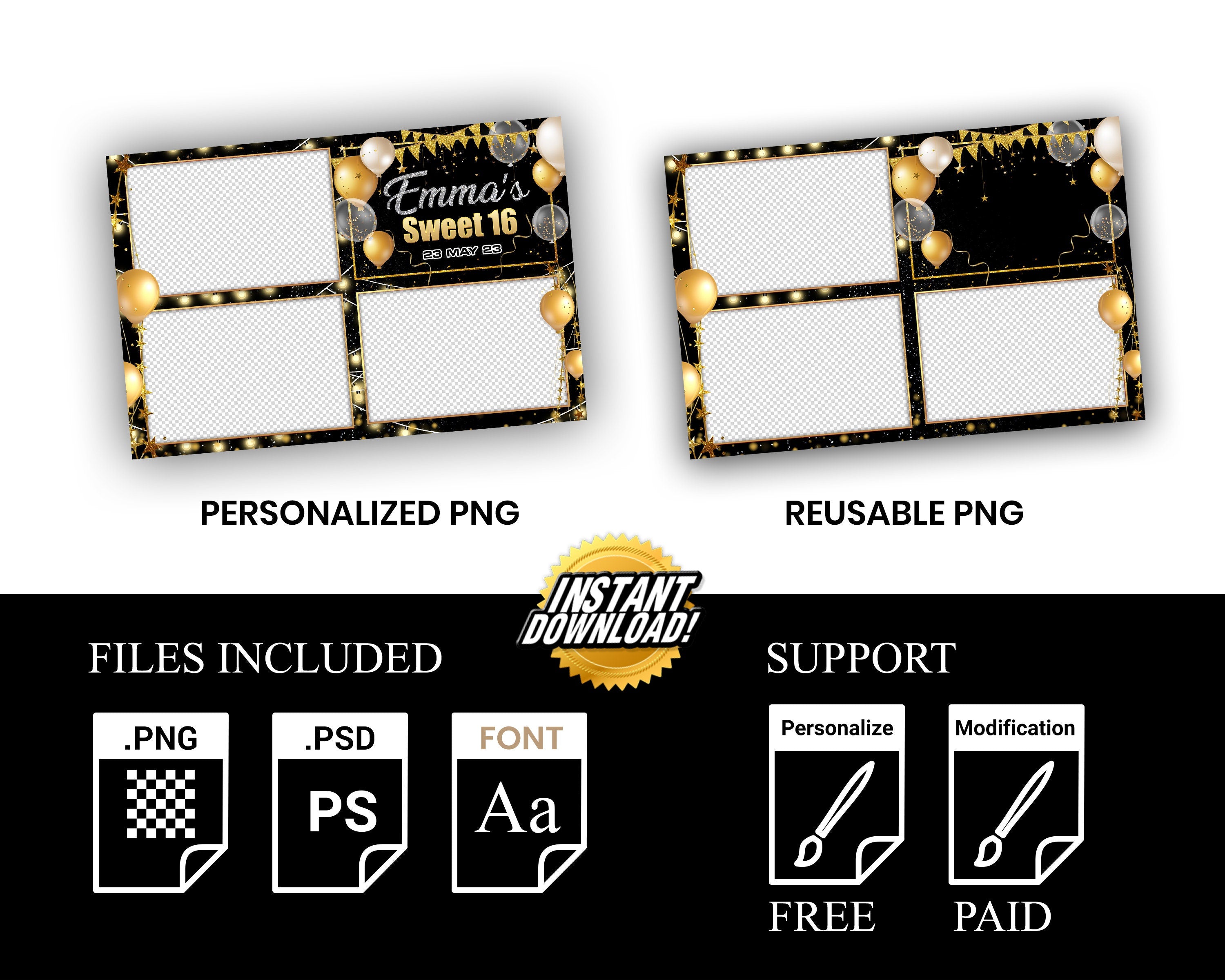 Sweet 16 Birthday Ballons 4x6 Quinceanera photobooth template darkroom booth photo booth Party Gold Black Quinceañera