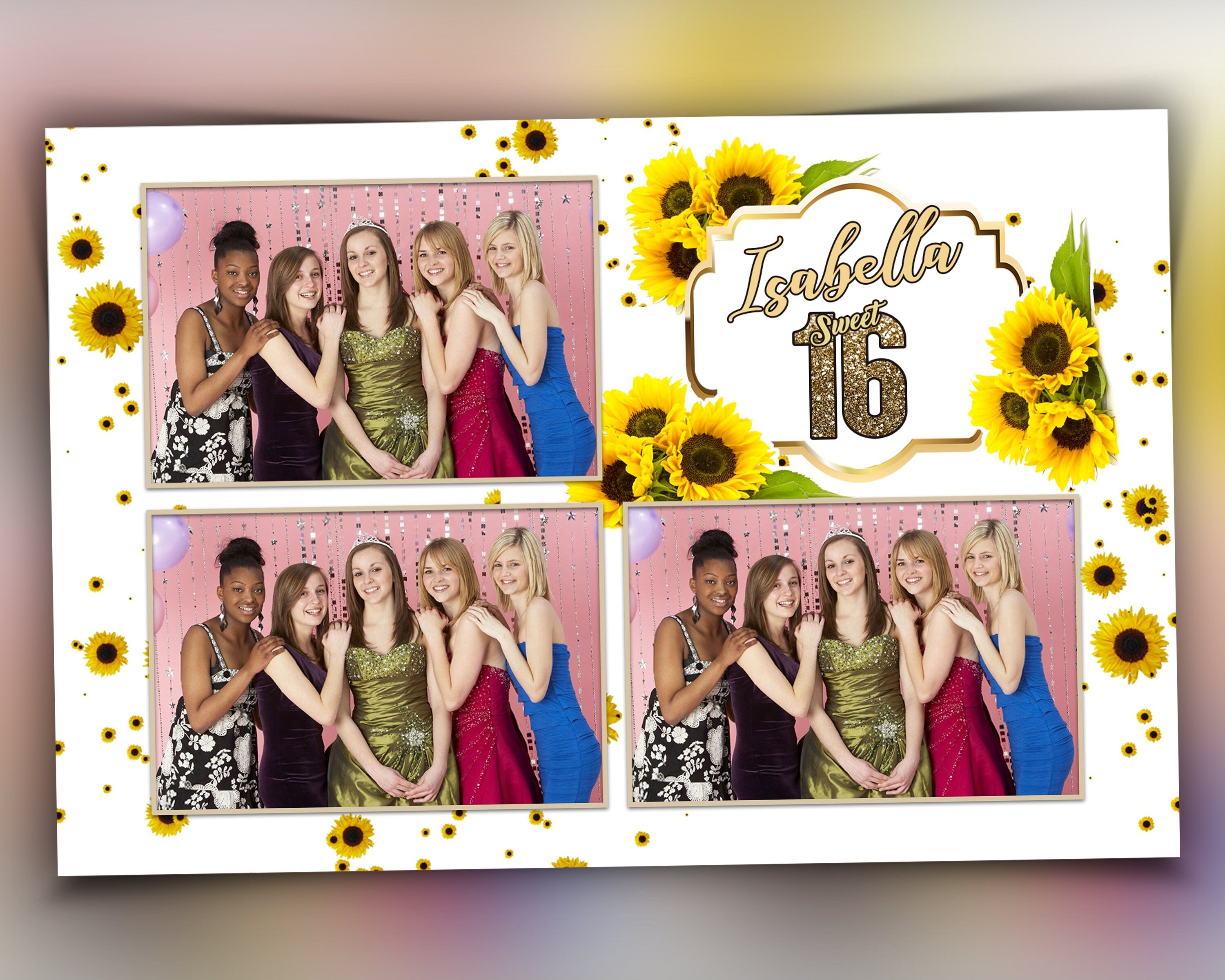 Sunflower Photobooth Template 4x6 sweet 16, Quinceañera, Bat Mitzvah Photo Booth Template 4x6 postcard layout