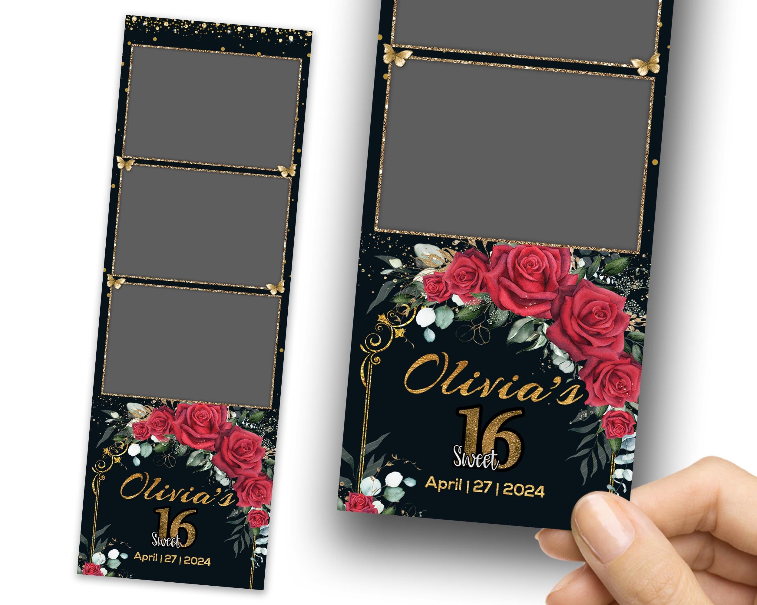 Sweet 16 Photobooth Template, Quinceanera Photo Booth, Birthday Photobooth, Quinceañera, 2x6 Strip, Red Flower, Red Floral, Butterfly 1105