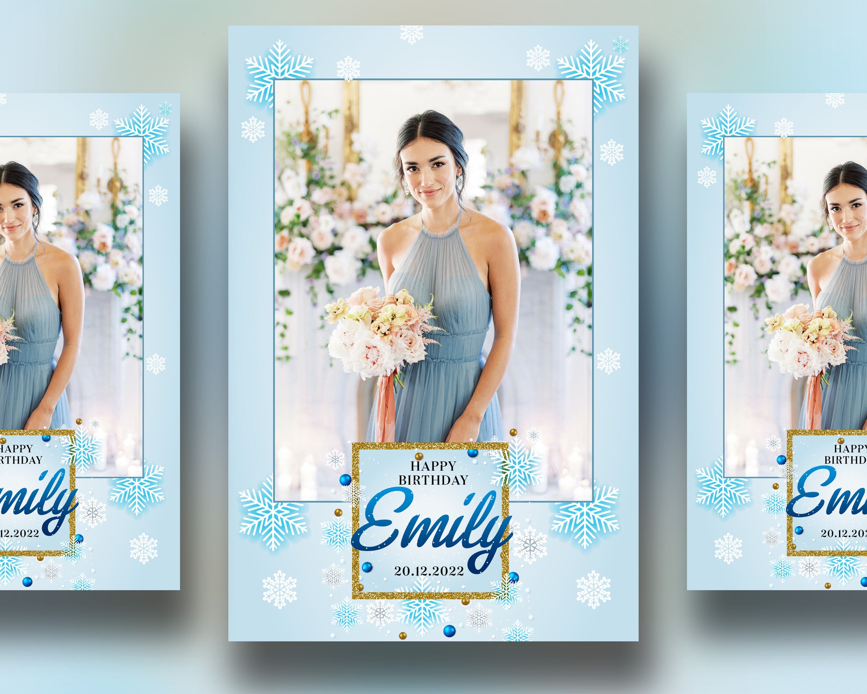 Winter Photobooth Template 4x6 Portrait single photo for Birthday Quinceañera Sweet 16 Christmas blue Snowflakes gold glitter mirror booth