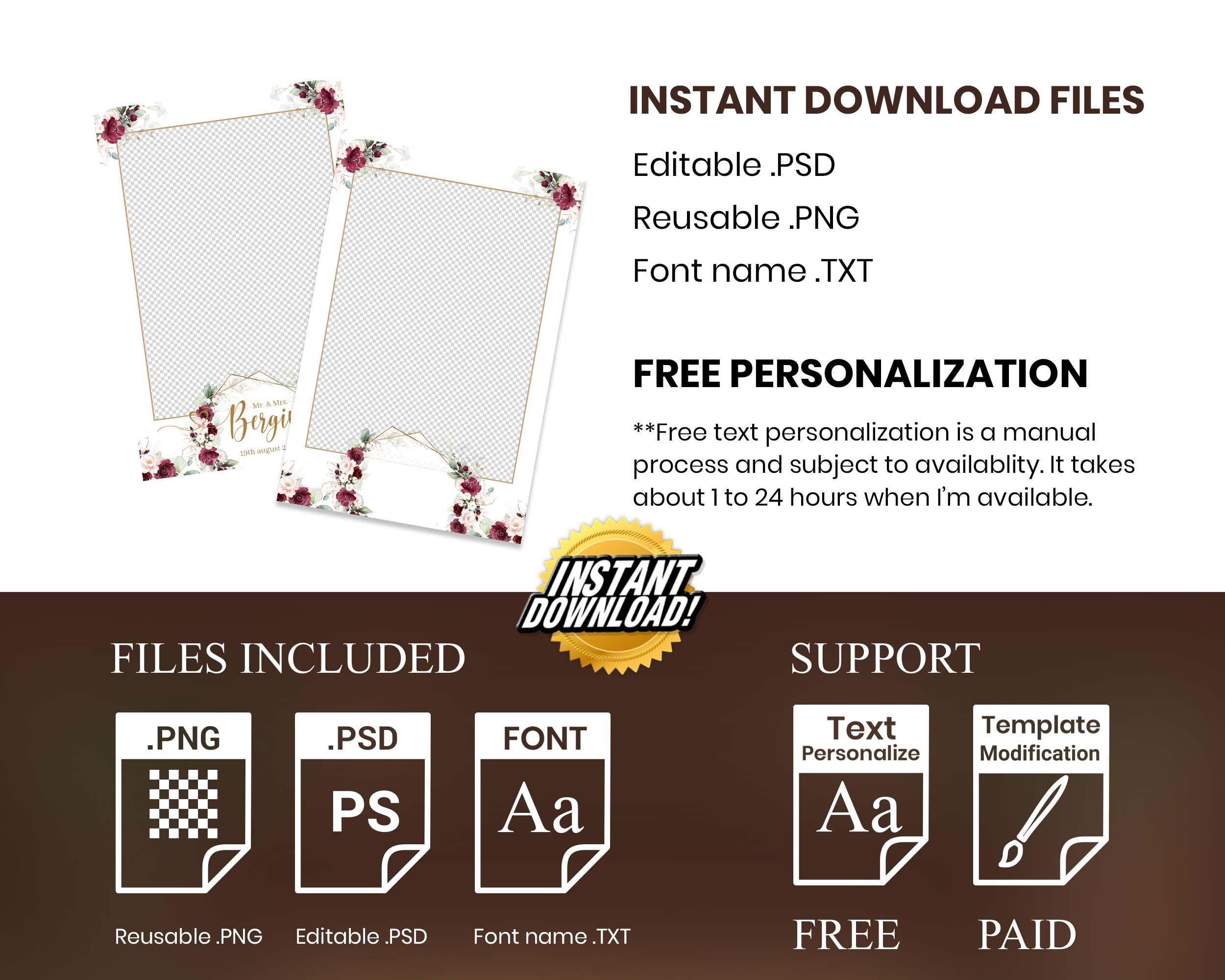Wedding Photobooth template, Burgundy Flowers Photo Booth, Anniversary, Bridal Shower, Mirror Booth, 360 Overlay
