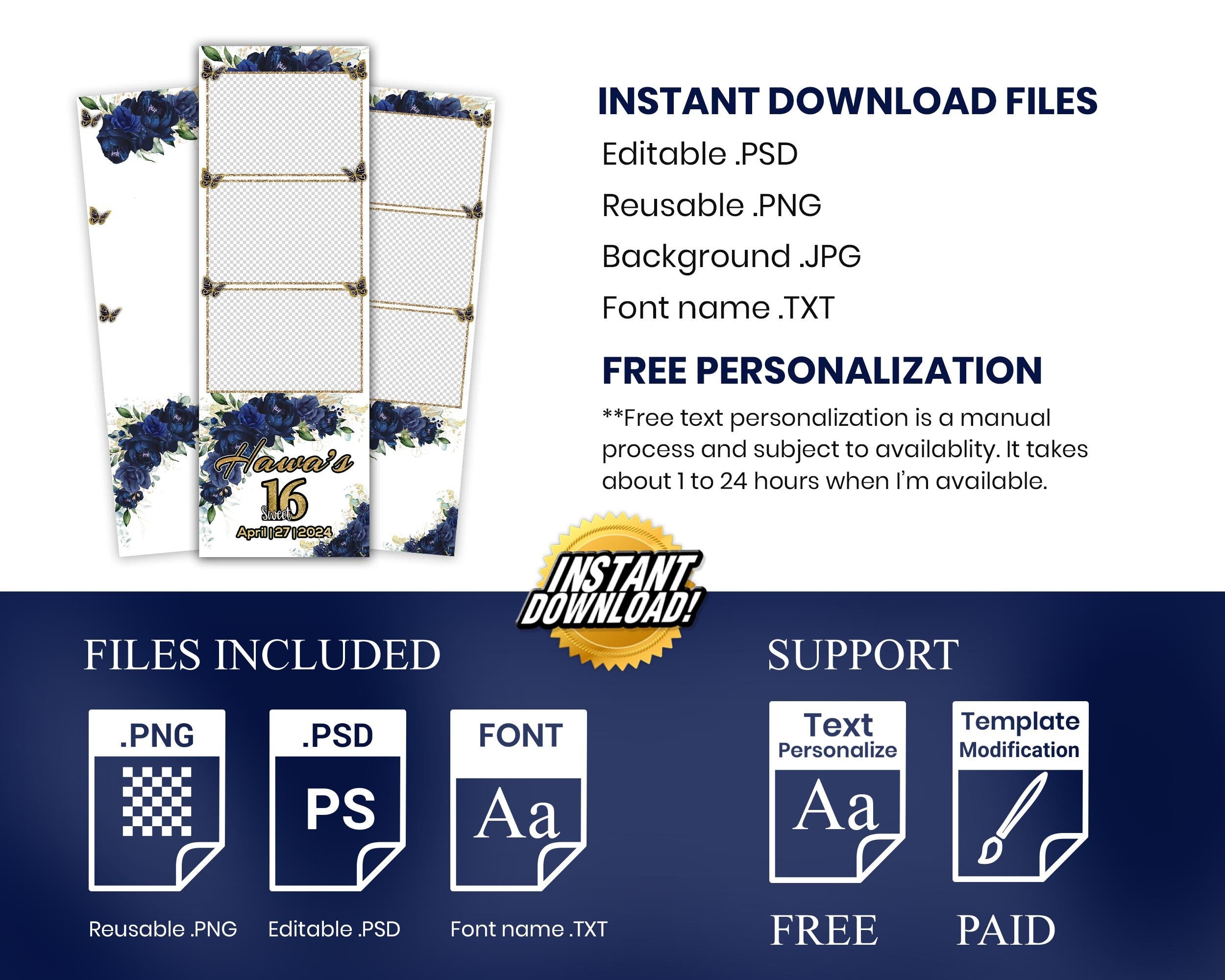 Sweet 16 Photobooth Template, Quinceanera Photo Booth, Birthday Photobooth, Quinceañera, Royal Blue Flower, Floral, Butterfly 1110