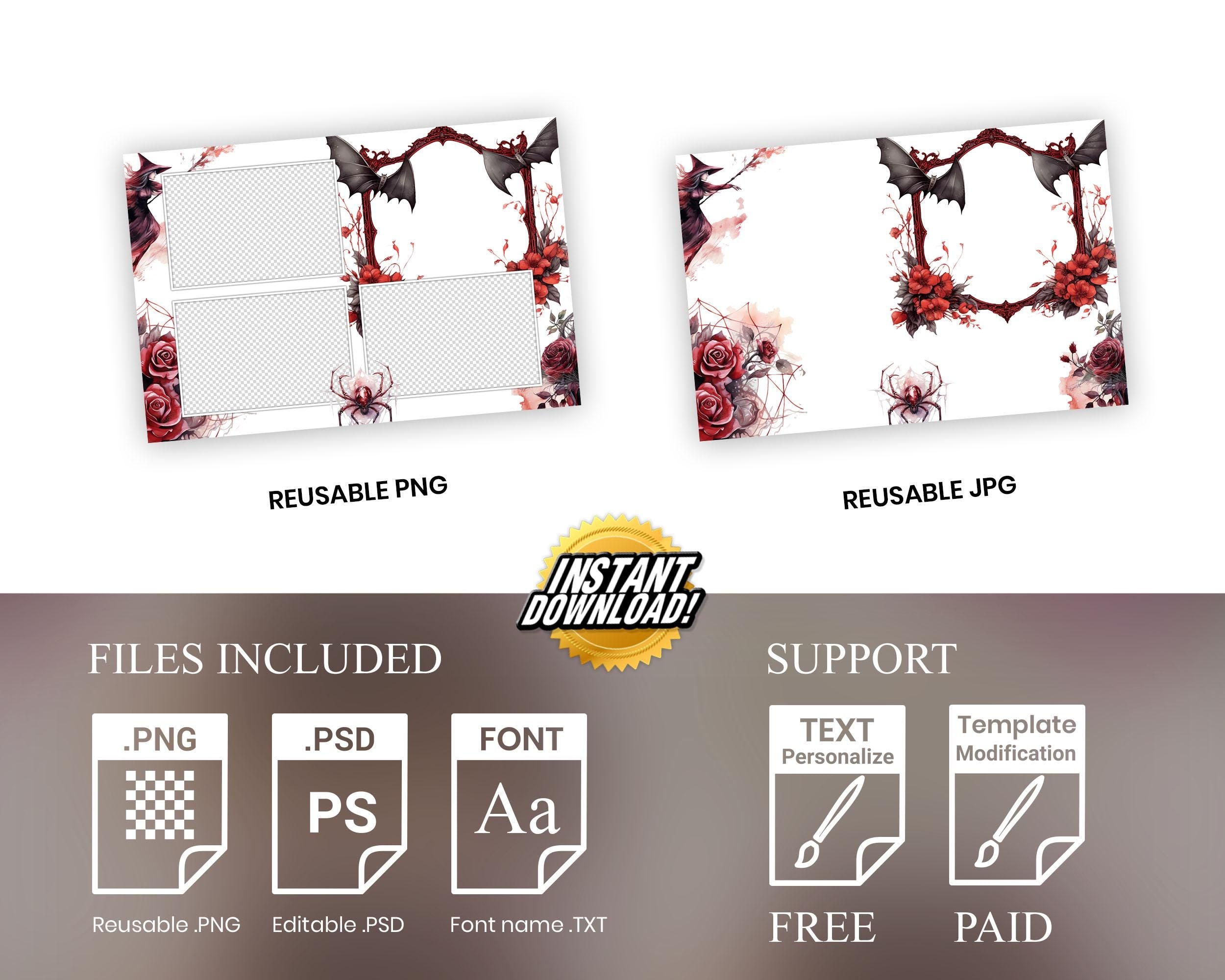 Bloody Halloween Photobooth Template, Trick or Treat, Red Rose, Bloody Spider, Bats 1385