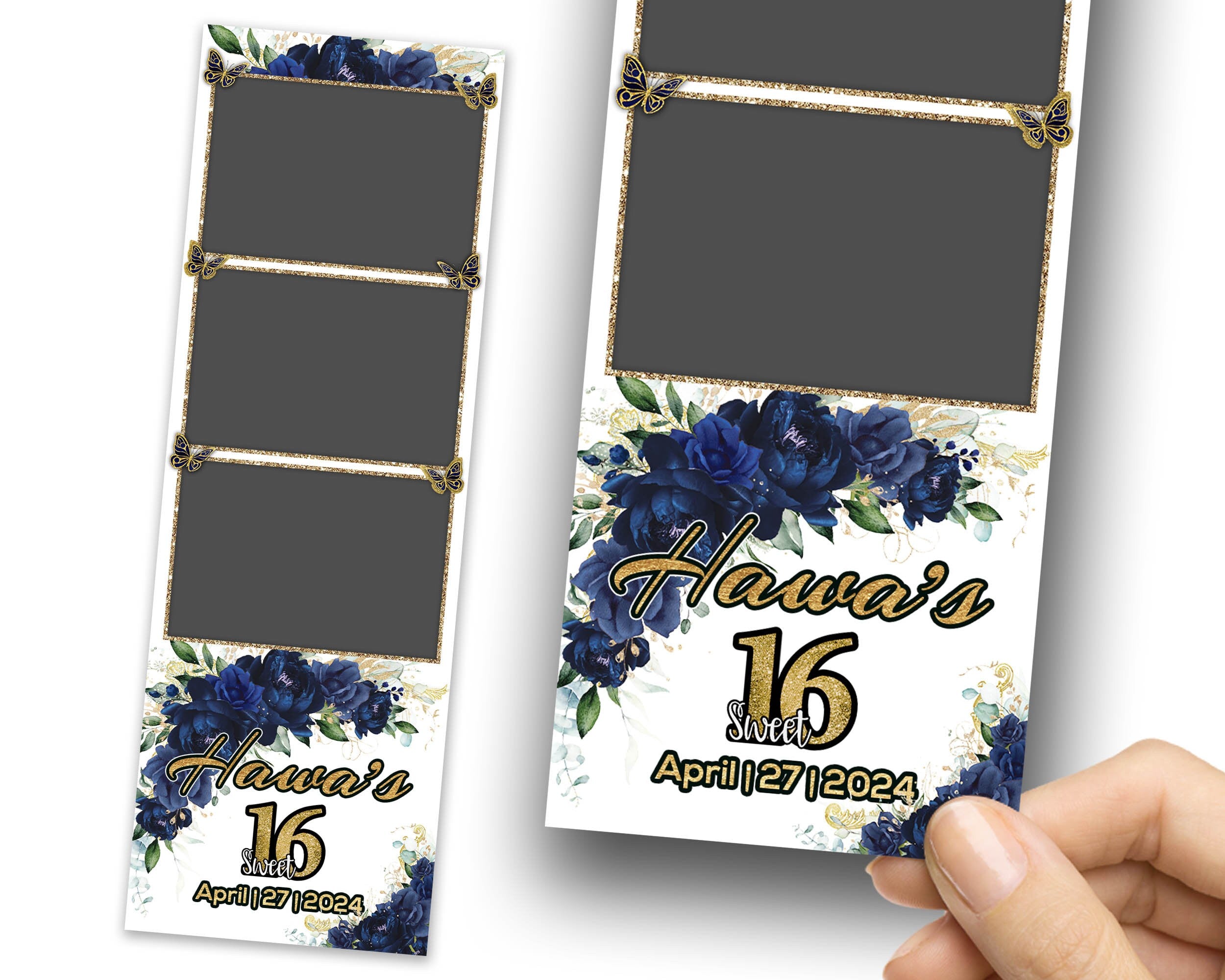 Sweet 16 Photobooth Template, Quinceanera Photo Booth, Birthday Photobooth, Quinceañera, Royal Blue Flower, Floral, Butterfly 1110