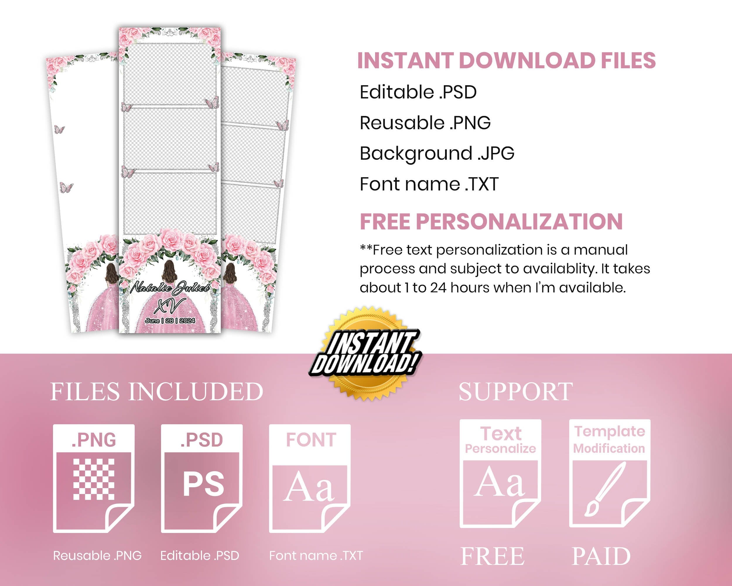 Sweet 16 Photobooth Template, Quinceanera Photo Booth, Birthday, Mis, Quince, Quinceañera, Light Pink Flower, Floral, Butterfly, XV, 1109