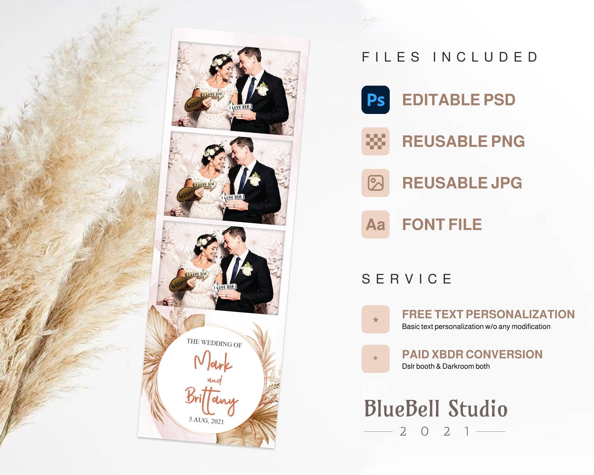 Boho Wedding Photo Booth Template 2x6 Stripe gold floral Photobooth