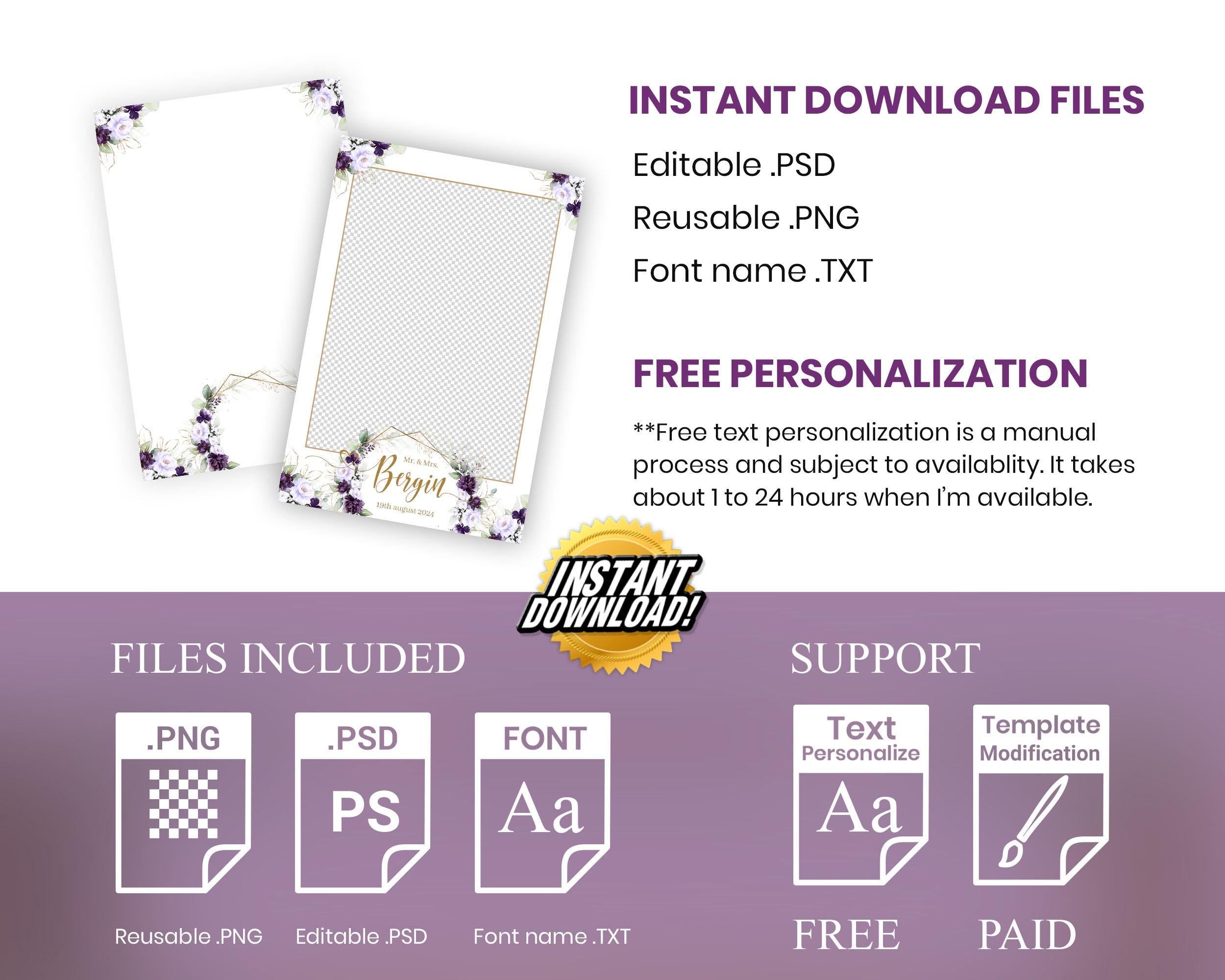 Wedding Photobooth Template, Purple Floral Blush Flowers, Rose and Greenery Photo Booth Template 723