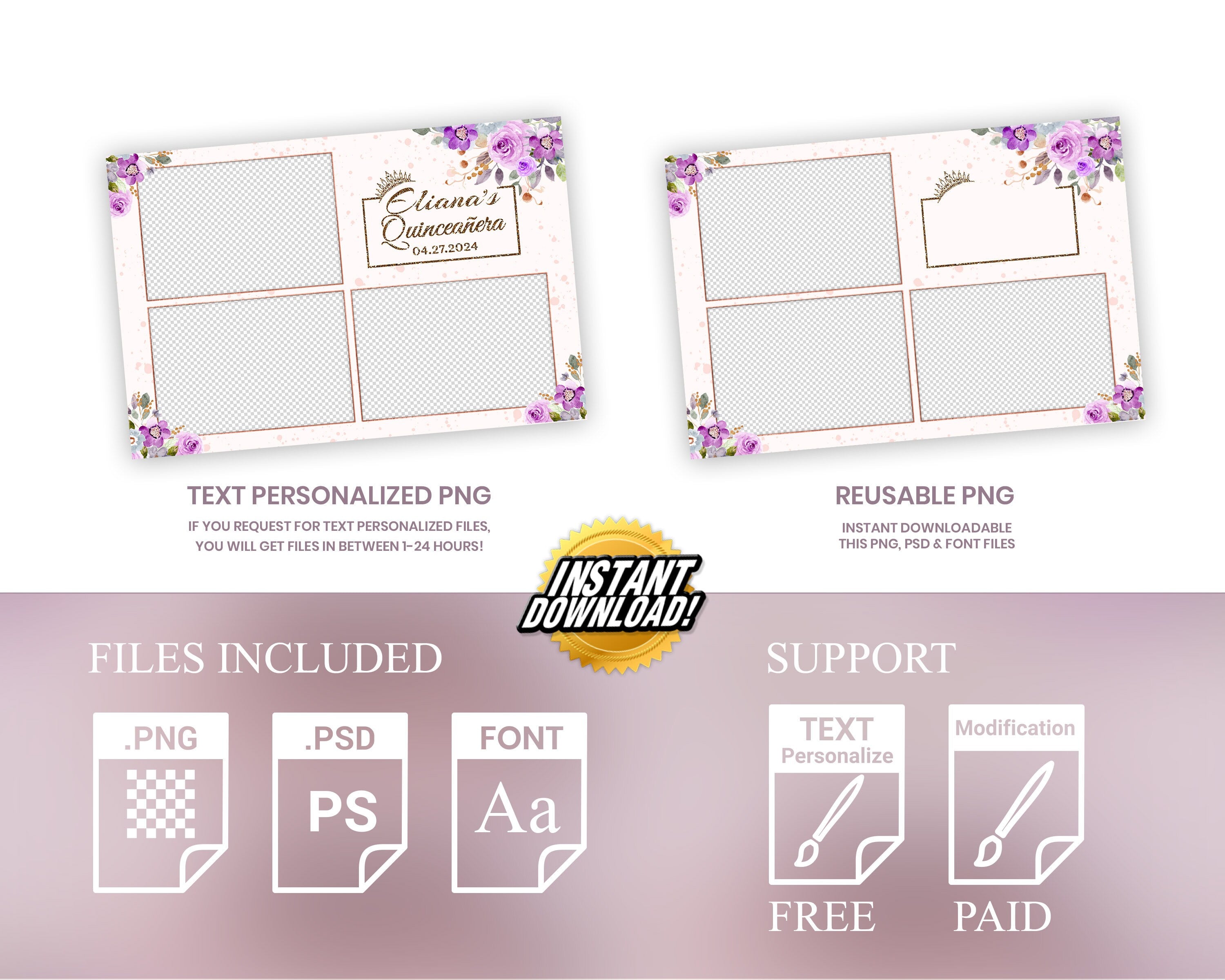 Sweet 16, Mis Quince, Purple Birthday Photo Booth Template, Purple Floral, Quinceanera, XV Photo Booth Template