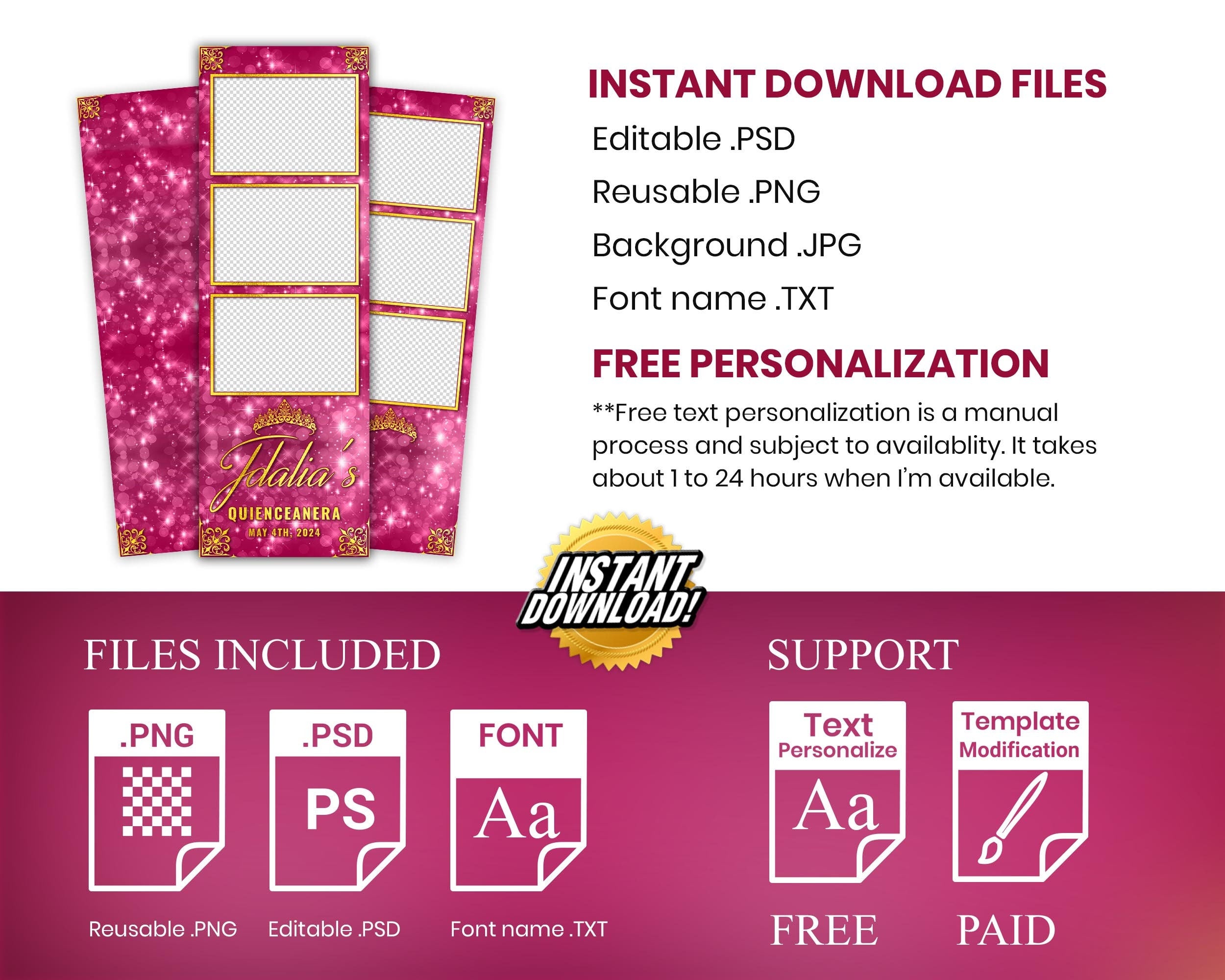 Birthday Sweet 16 Photobooth Template in Pink Gold Sweet Sixteen, Quinceanera, Wedding Photo Booth Template 2x6 strip 1090