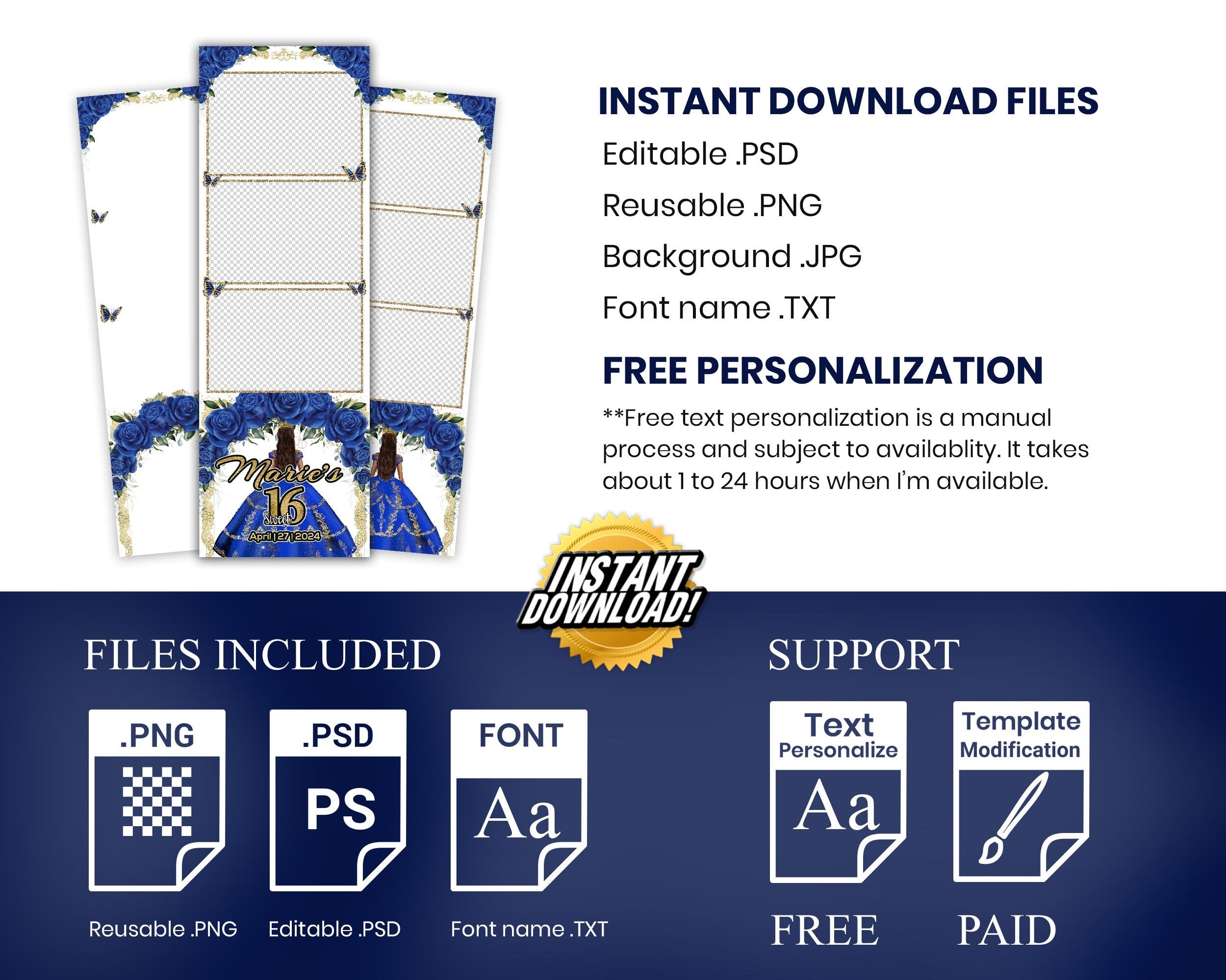 Sweet 16 Photobooth Template, Quinceanera Photo Booth, Birthday Photobooth, Quinceañera, 2x6 Strip, Blue Flower, Blue Floral, Butterfly 1108