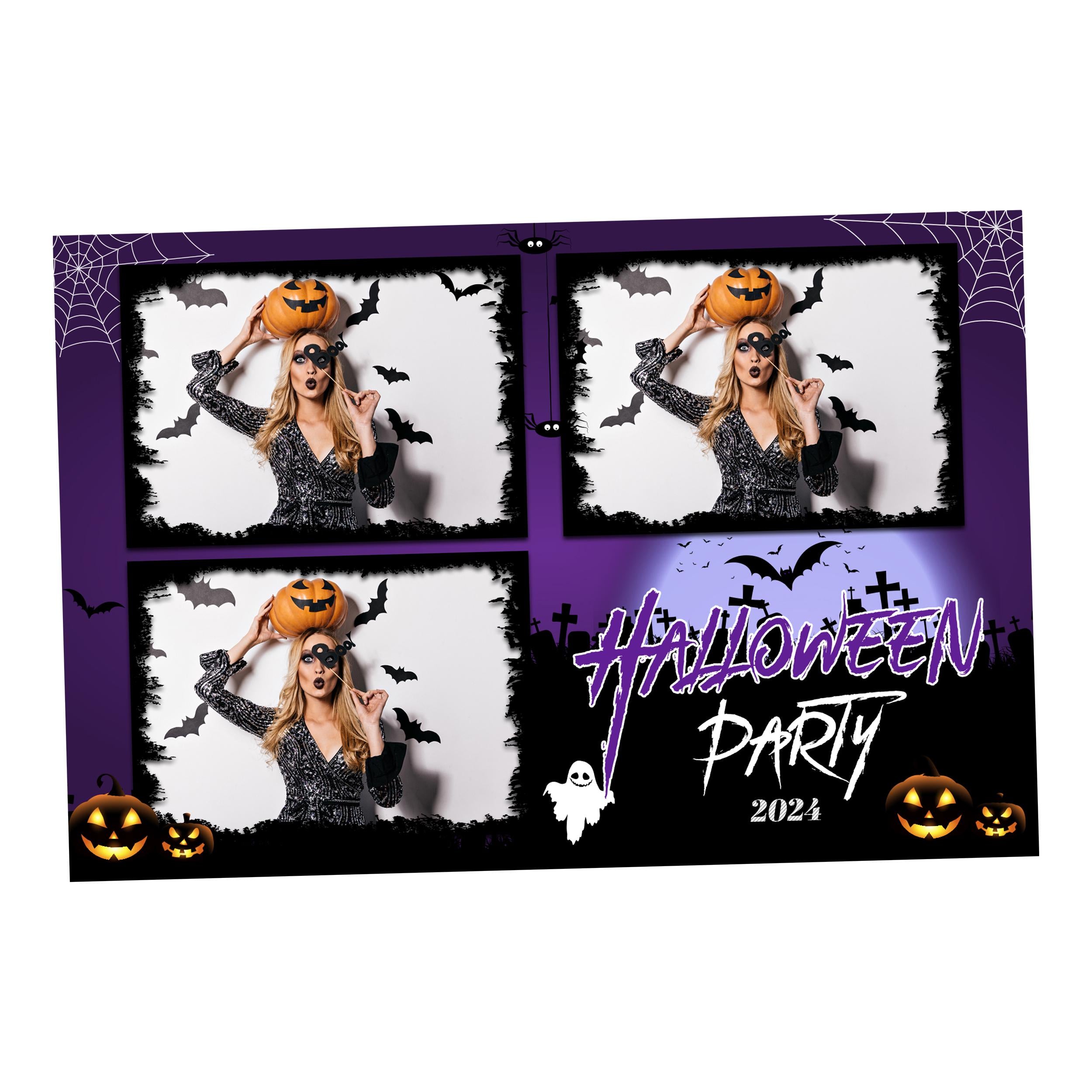 Halloween Photobooth template 4x6 postcard 3 photo purple Trick or Treat pumpkin Photo Booth template with scary night ghost elements TB199