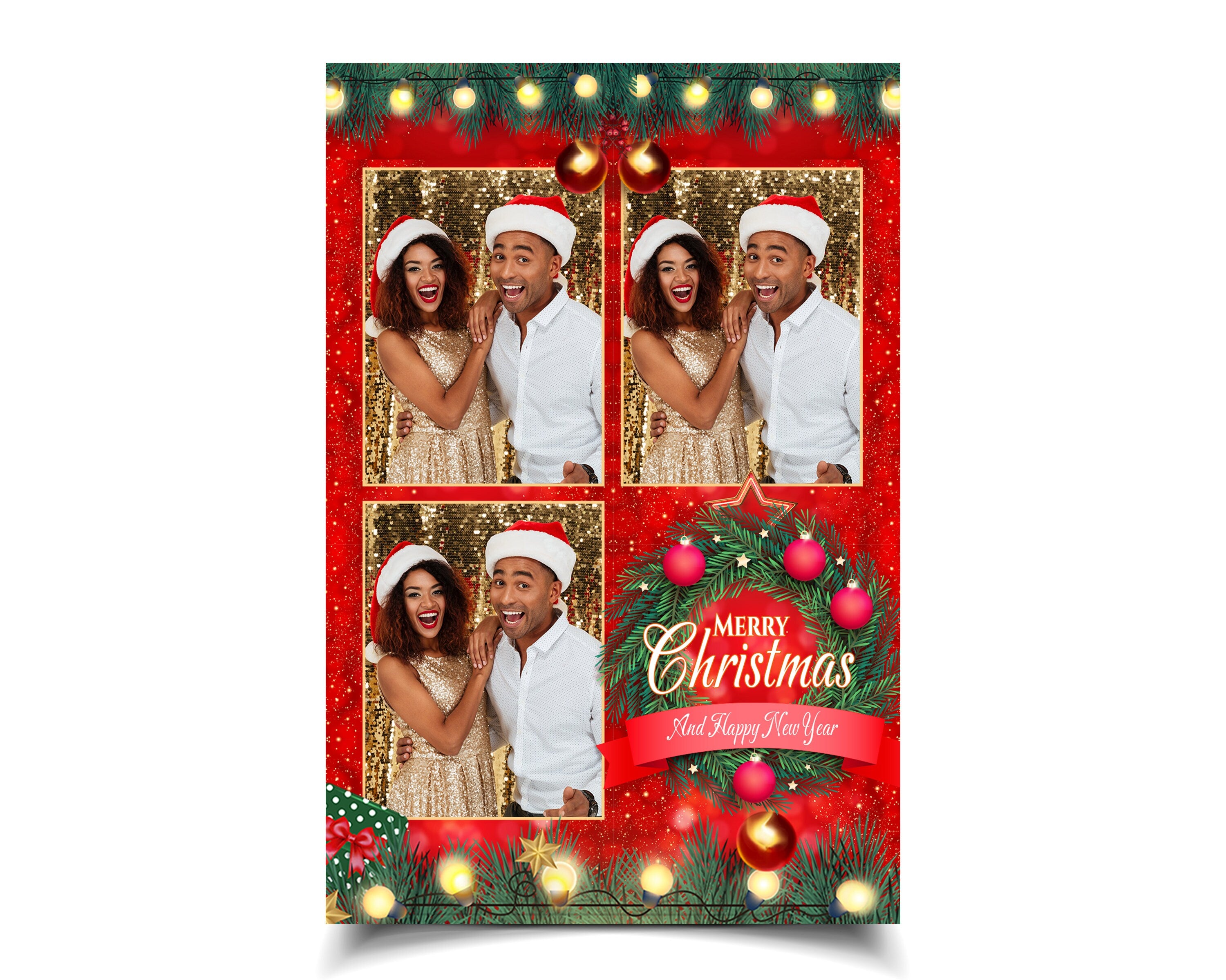 Christmas Photobooth Template, 4x6 portrait collage 3 photo Merry Christmas and New Year 2024 Xmas Green & Red for mirror booth and PSD PNG