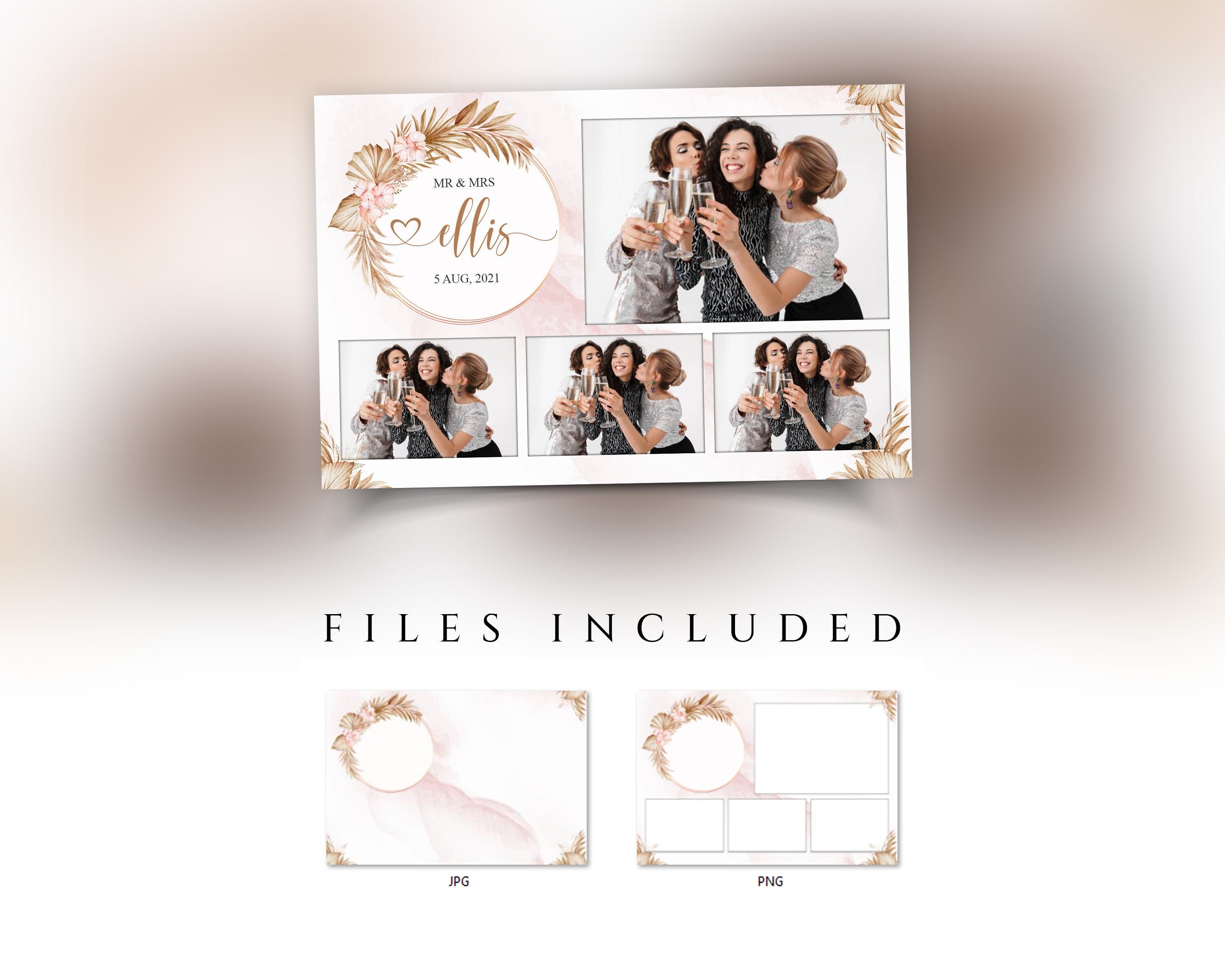 Boho Wedding Photo Booth Template 4x6 Stripe gold floral Photobooth