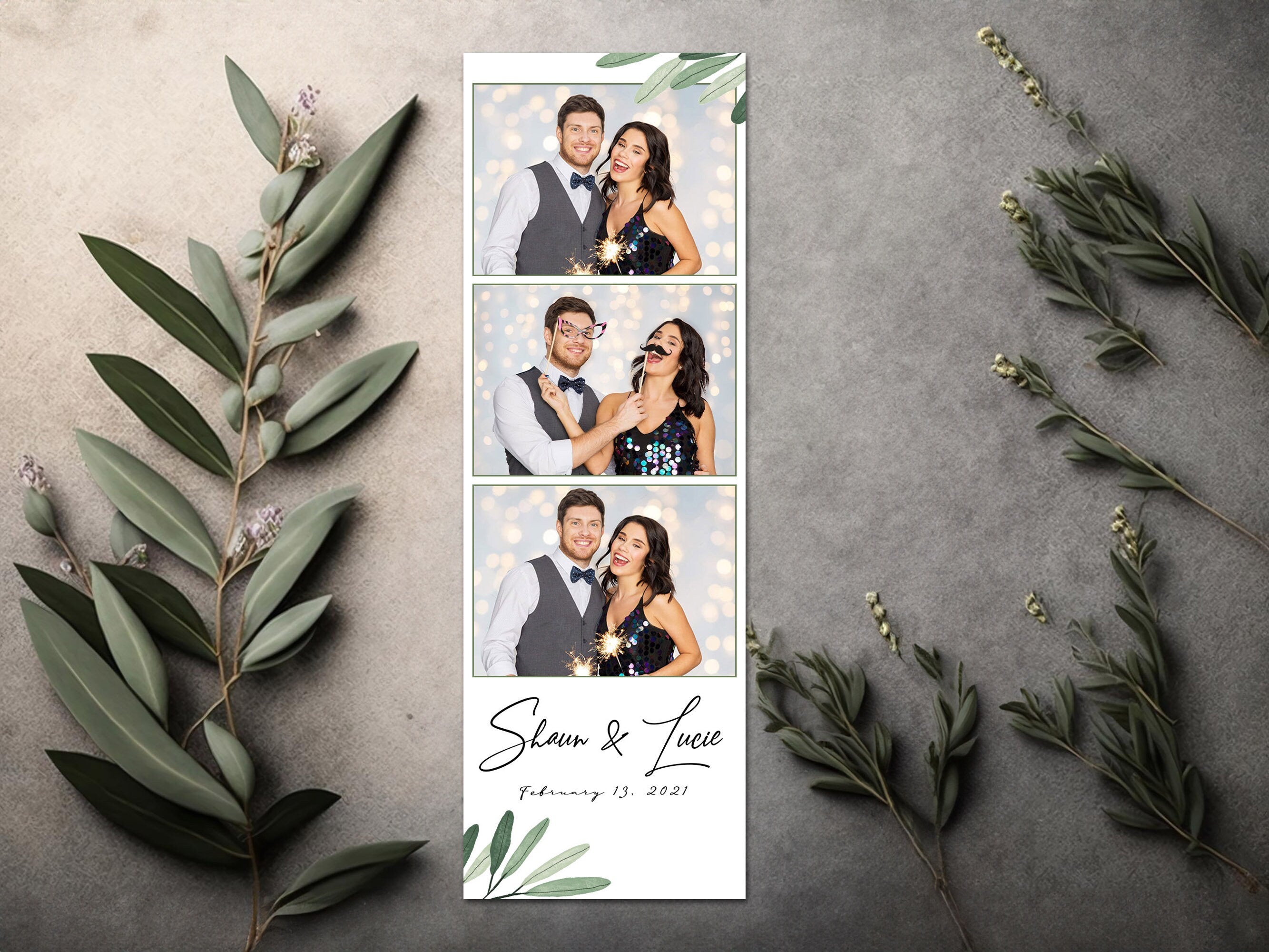 Wedding Anniversary Photo booth template Bridal Shower Floral Photobooth Template 2x6 strip green leaves greenery olive leaf design TB446