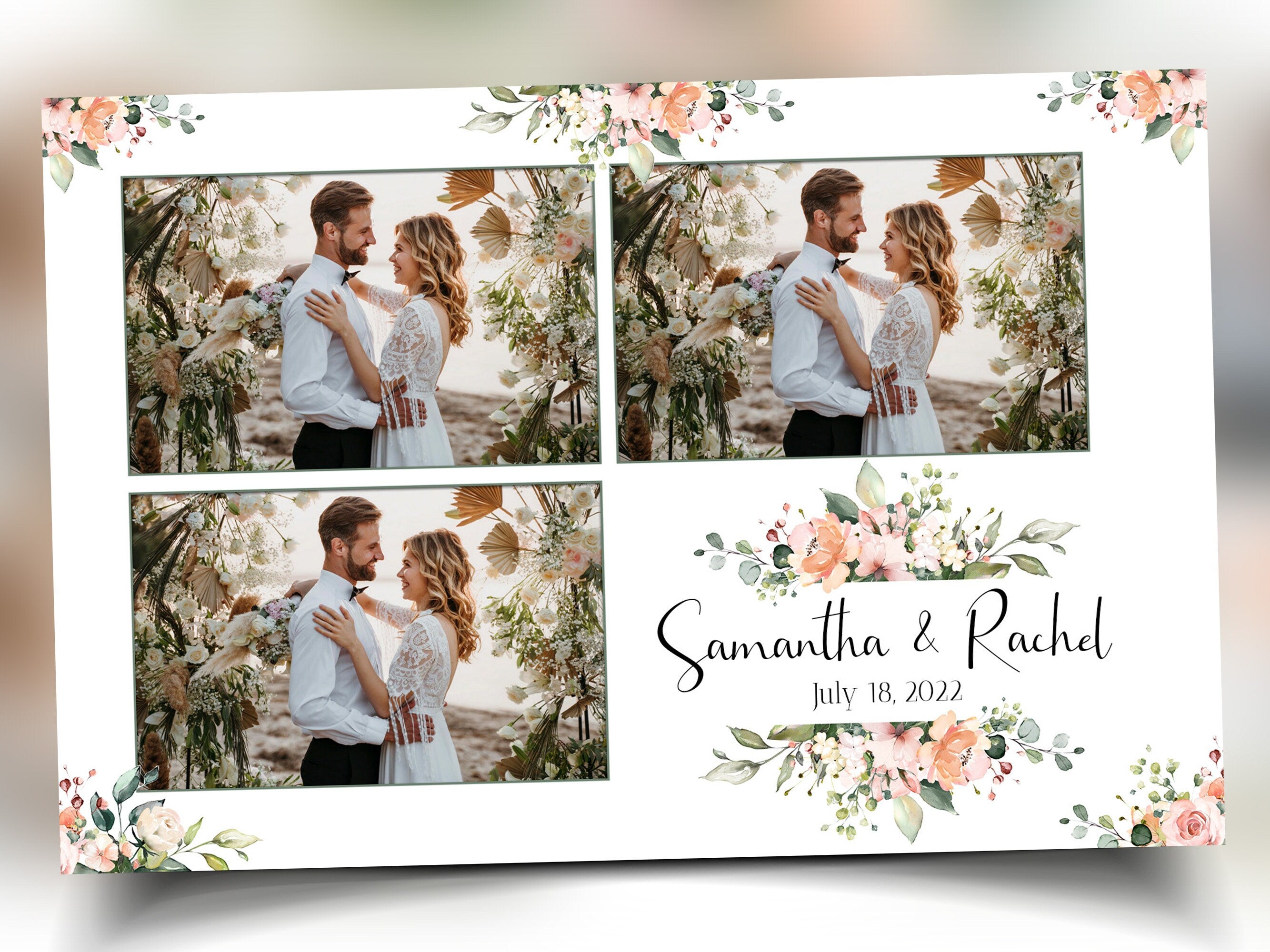 Wedding Photo booth template 4x6 triple photo postcard layout floral split flowers light pink rose and greenery photobooth B37 1242